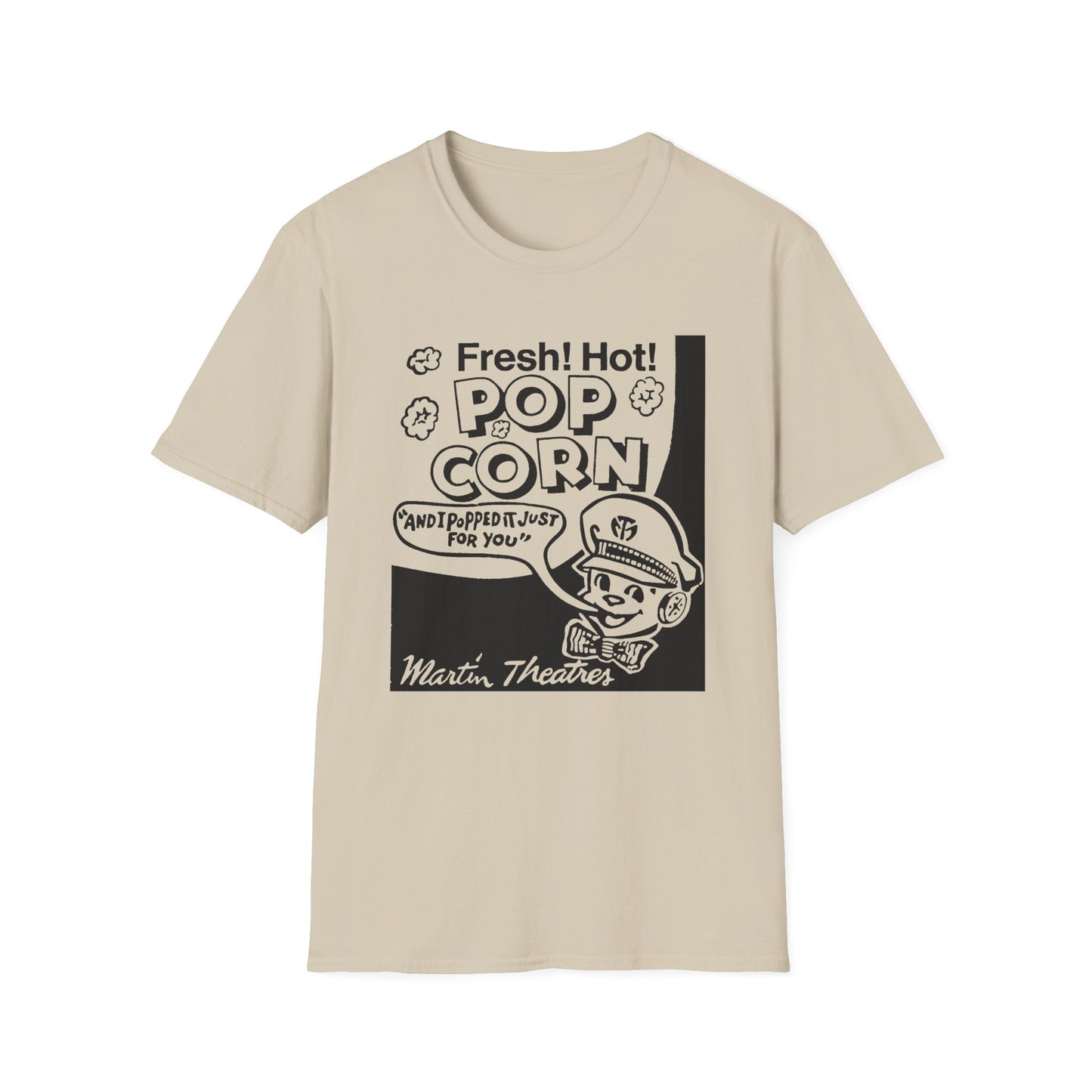 1940s popcorn box logo for martin theatres with a cute little popcorn mascot tshirt