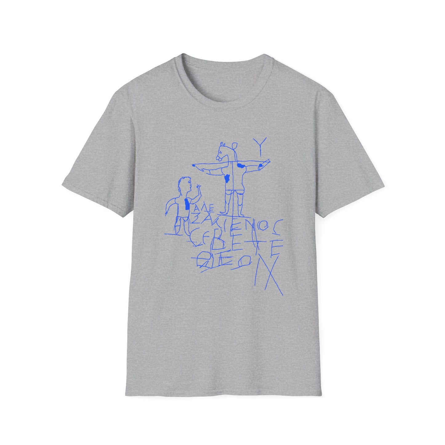 alexamenos graffito blasphemous young man worships donkey early graffiti 200 BC in blue tshirt