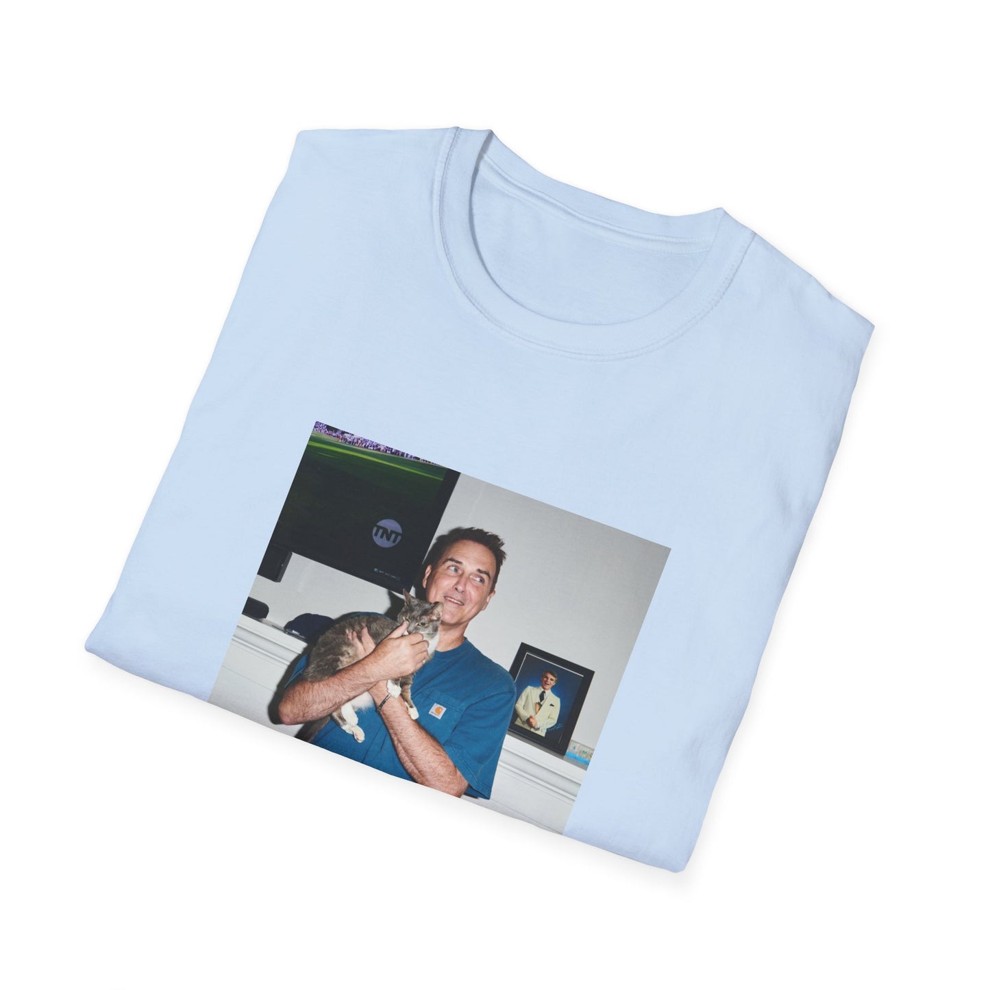 norm macdonald and his cat in front of a framed picture of steve martin close up tshirt