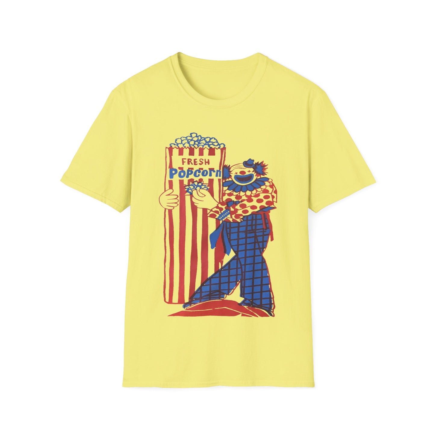 1960s popcorn box logo with a clown mascot tshirt