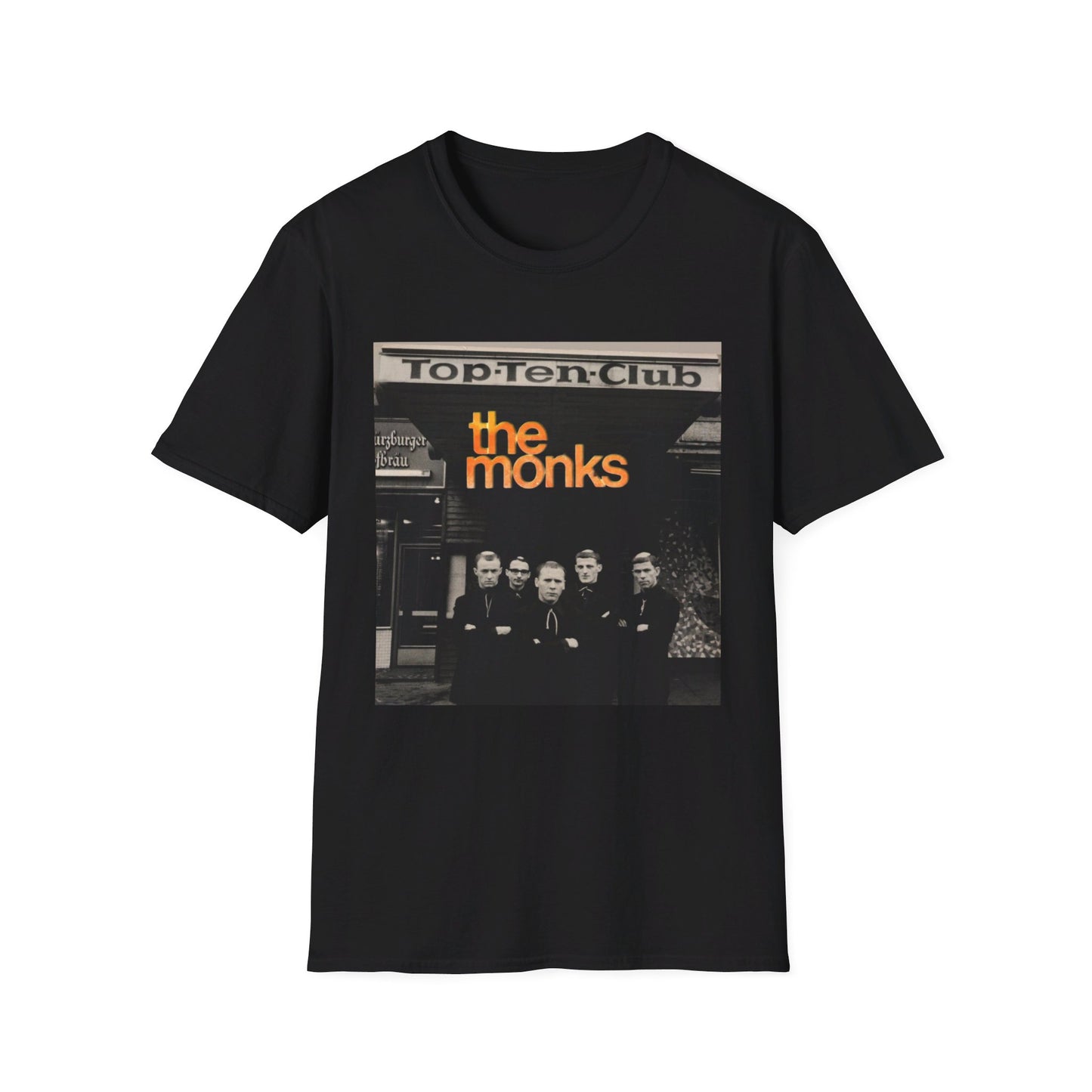 1960s experimental rock n roll band the monks in front of the top ten club tshirt