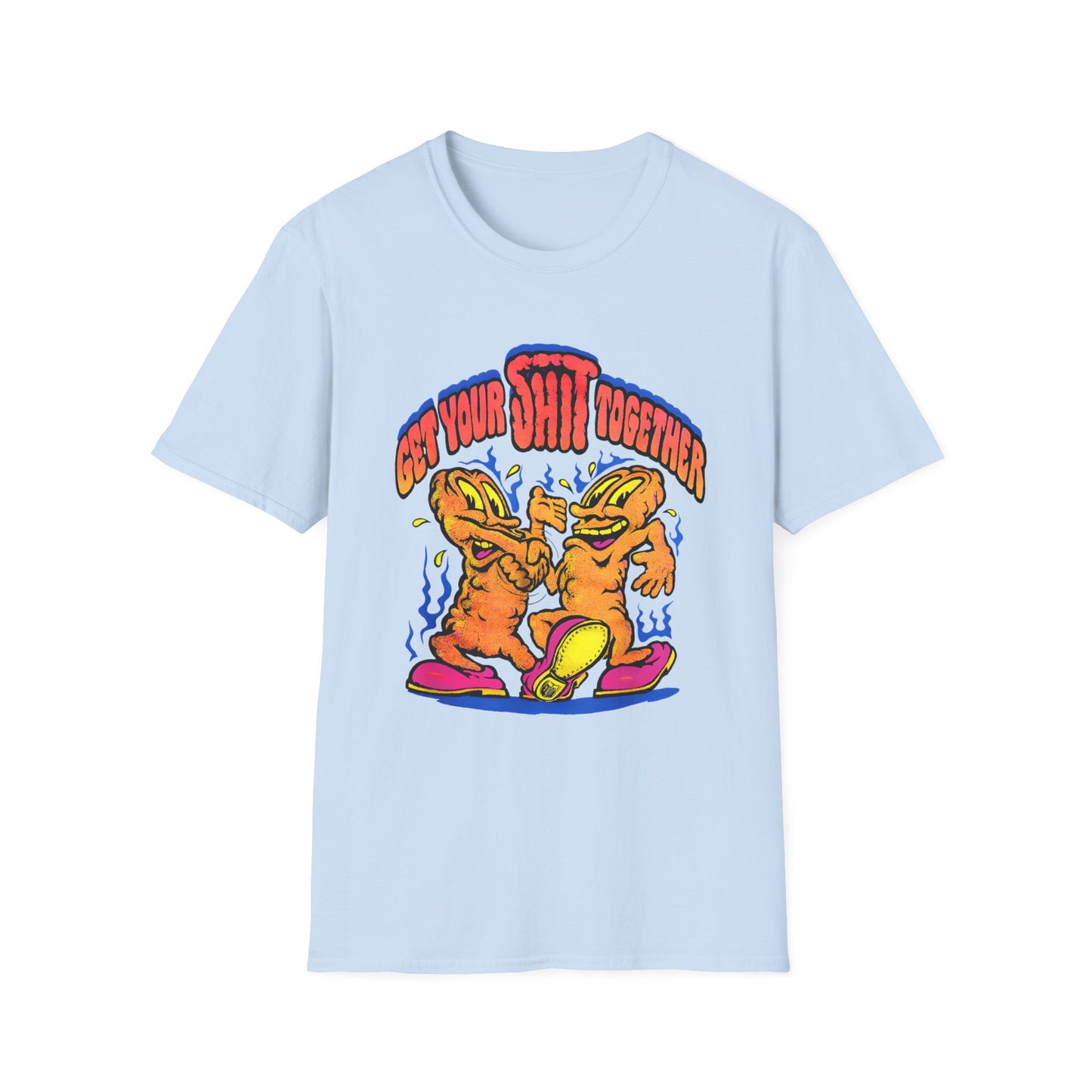 1970s graphic "get your shit together" two shits shaking hands tshirt