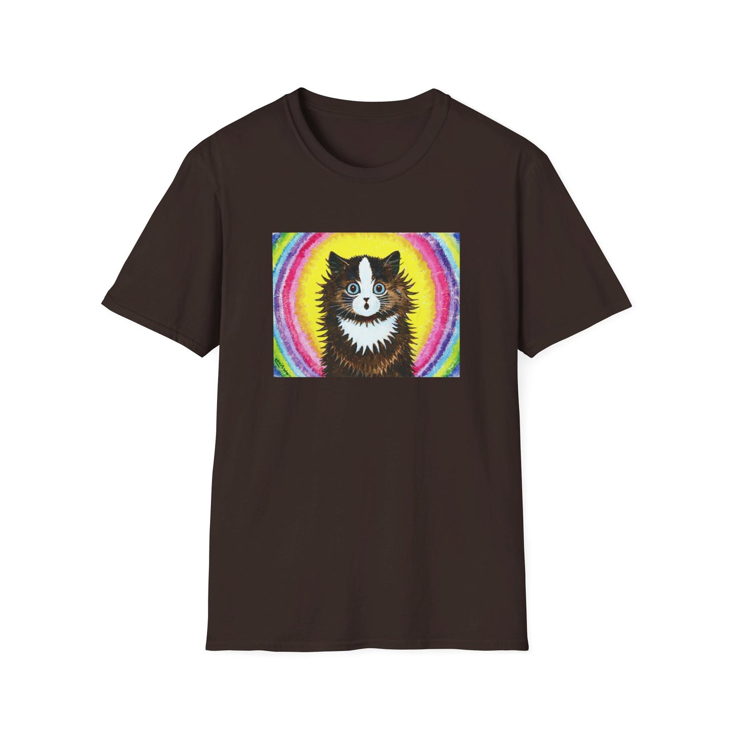 louis wain cat in a rainbow watercolour and gouache on paper reproduction tshirt