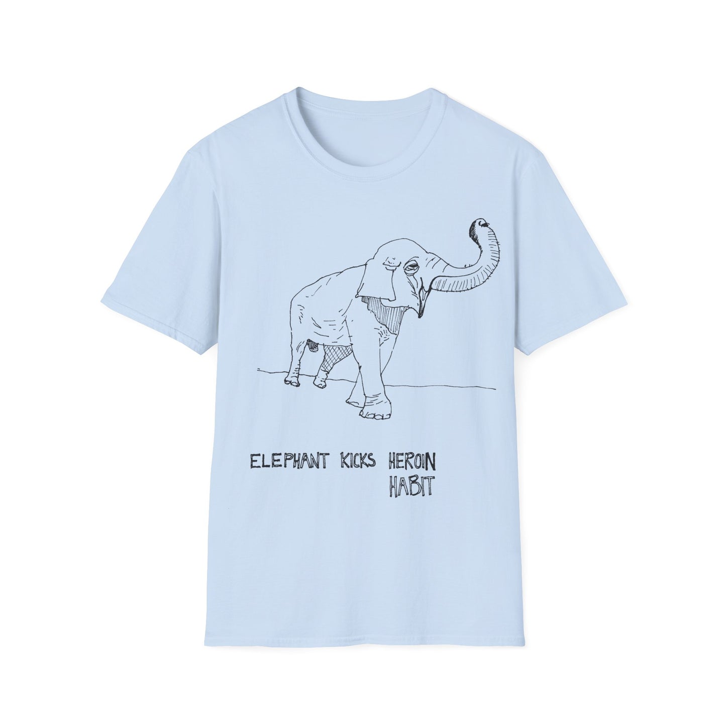 elephant kicks heroin habit original drawing tshirt. reference to xiguang the elephant