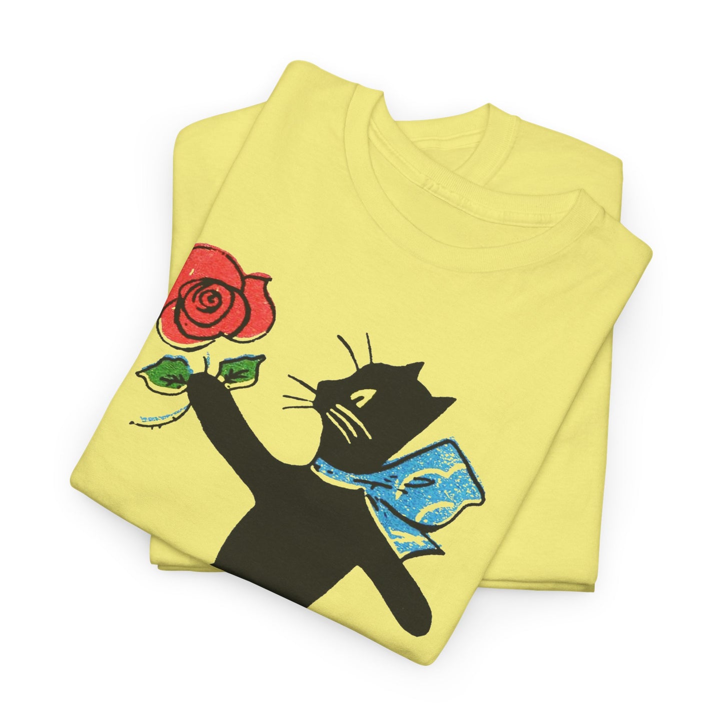 early 1900s french illustration of black cat with flower reproduction tshirt