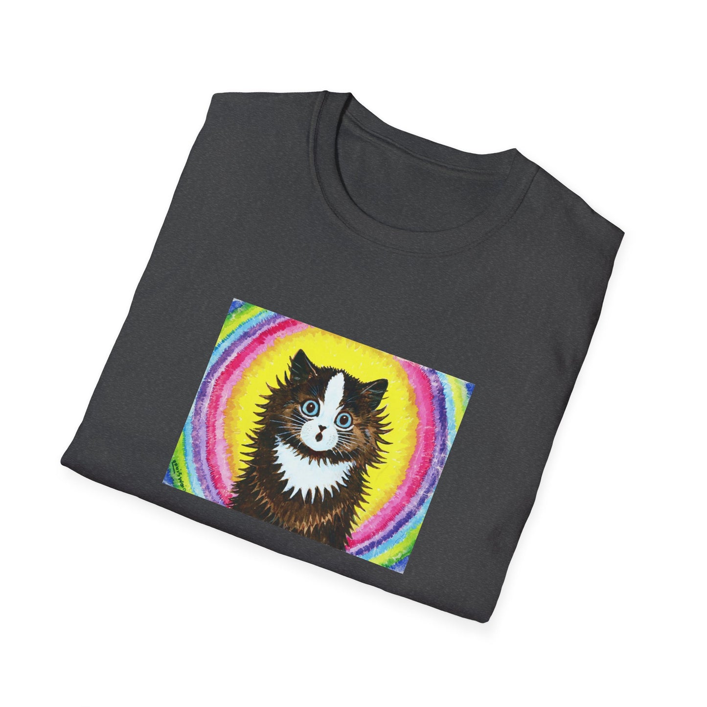 louis wain cat in a rainbow watercolour and gouache on paper reproduction tshirt