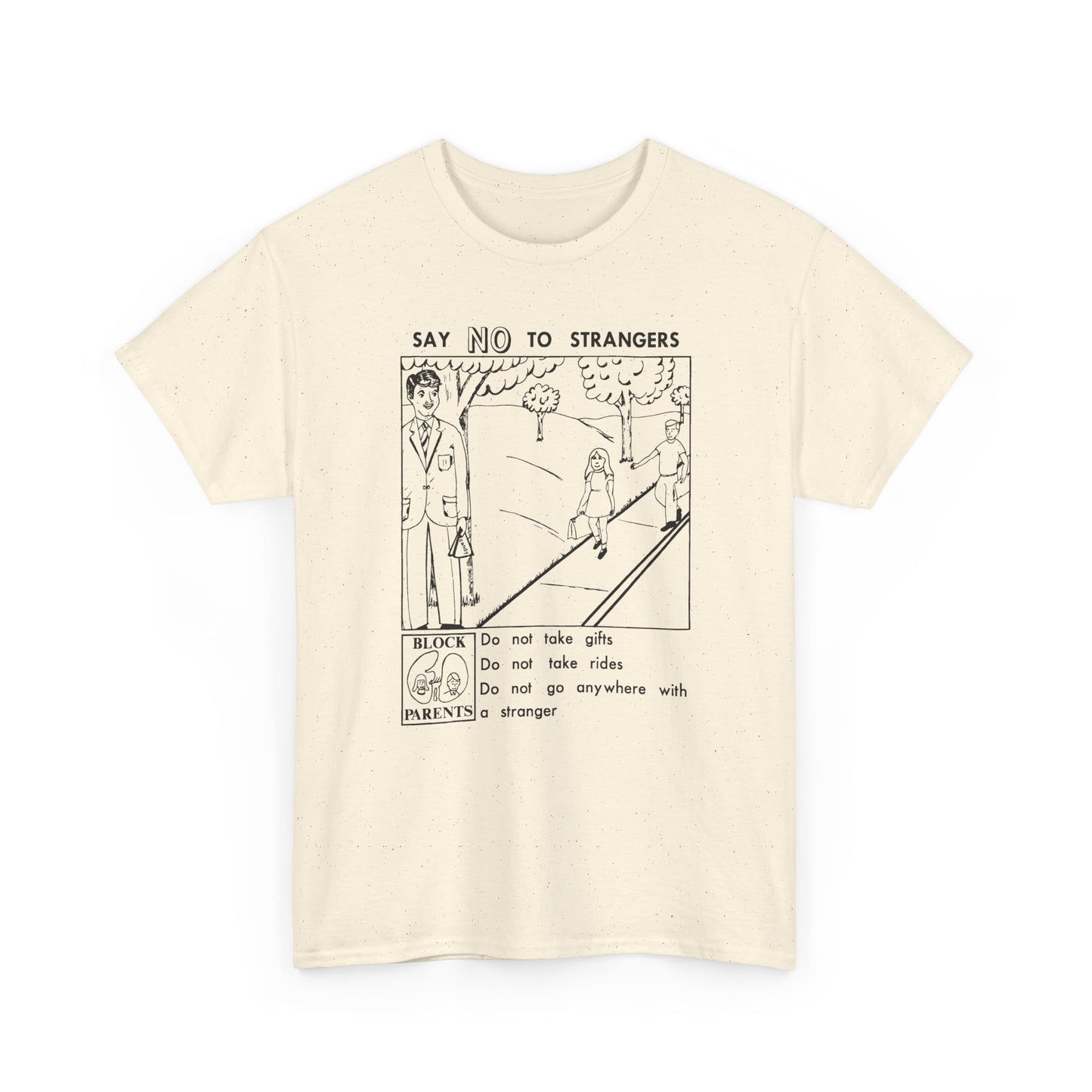 vintage block parents graphic say no to strangers reproduction tshirt