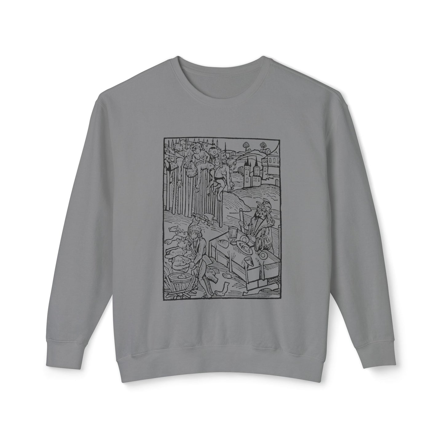 vlad the impaler dining near the mutilated bodies of his victims 1499 german woodcut by ambrosius huber 100% cotton sweatshirt