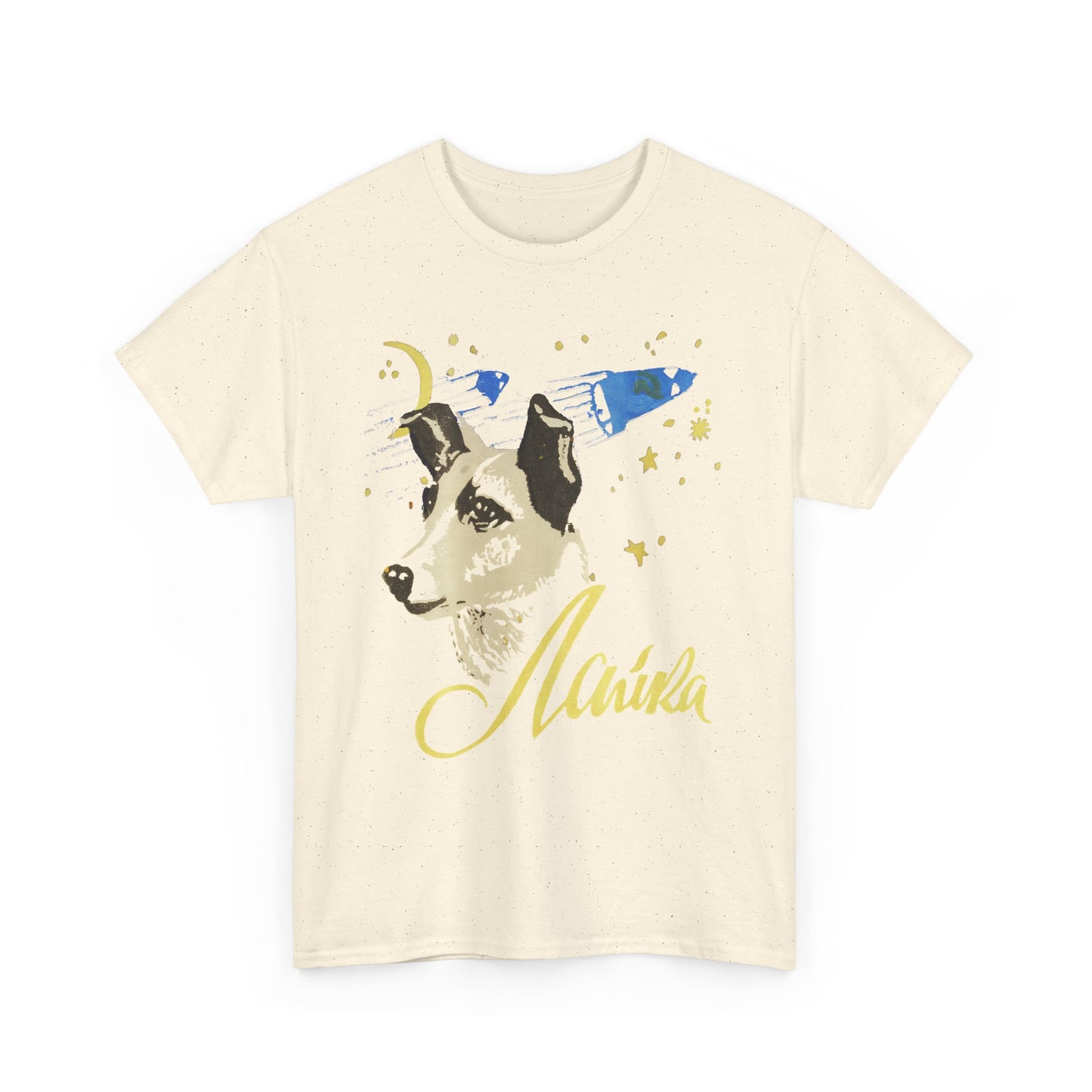1950s laika the poor russian dog sent to space cigarette package graphic reproduction tshirt