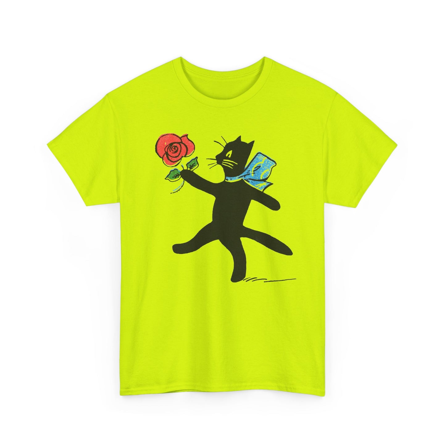 early 1900s french illustration of black cat with flower reproduction tshirt