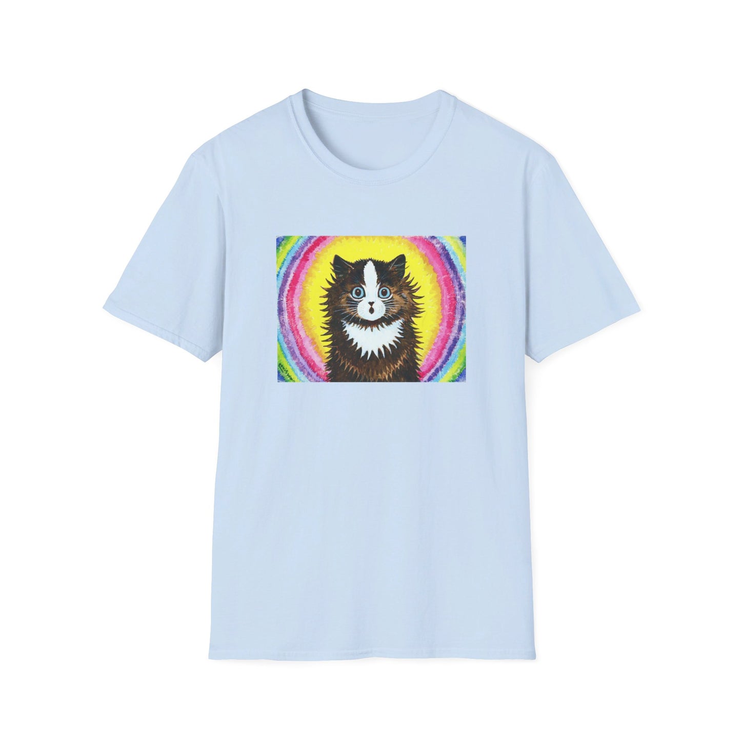 louis wain cat in a rainbow watercolour and gouache on paper reproduction tshirt