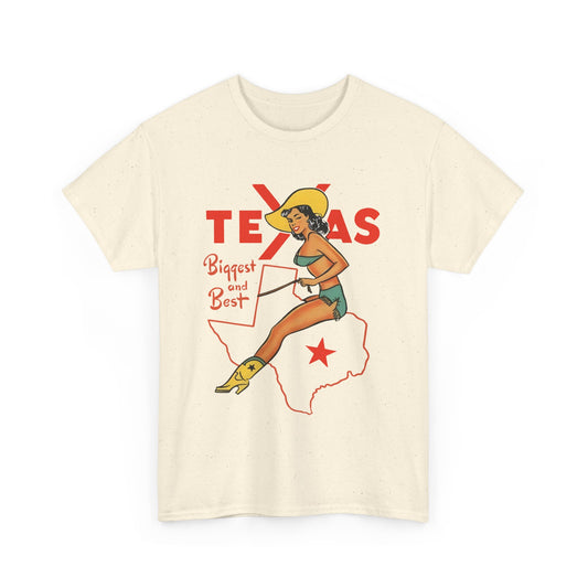 mid twentieth century texas biggest and best cowgirl pin up art reproduction tshirt