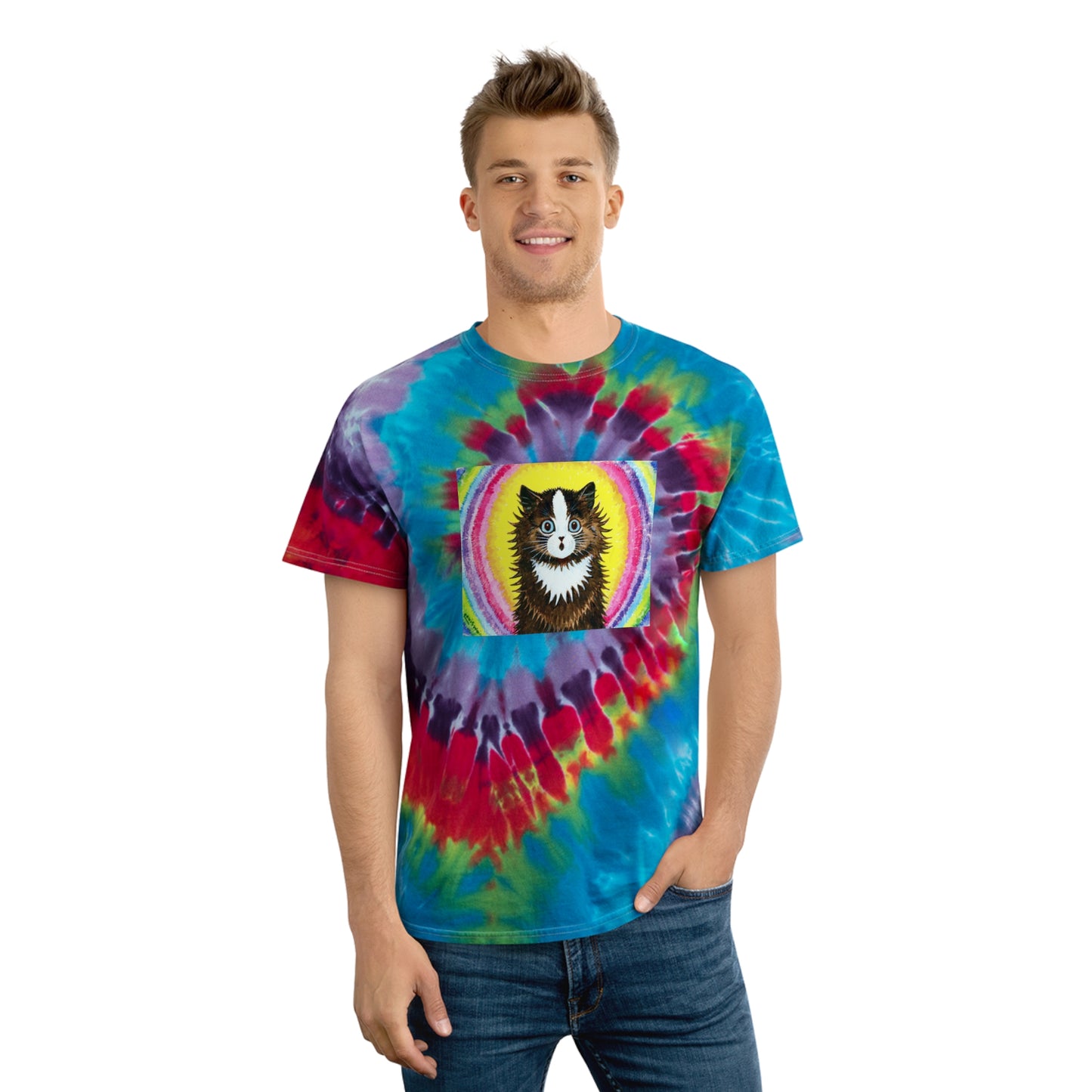 cat in a rainbow louis wain reproduction tie dye tshirt