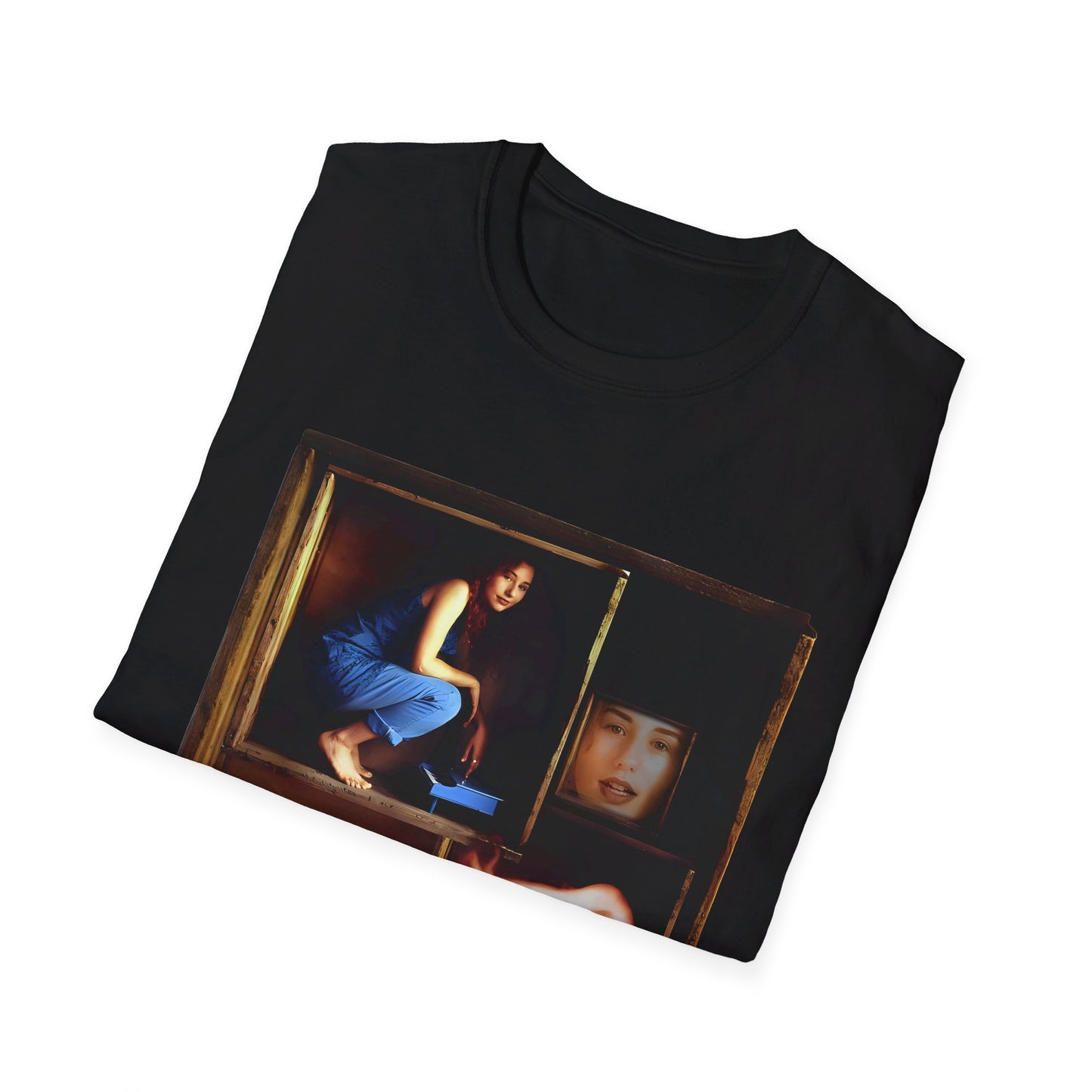 tori amos on a shelf in a crate playing a small piano surrounded by other amos's on a tshirt