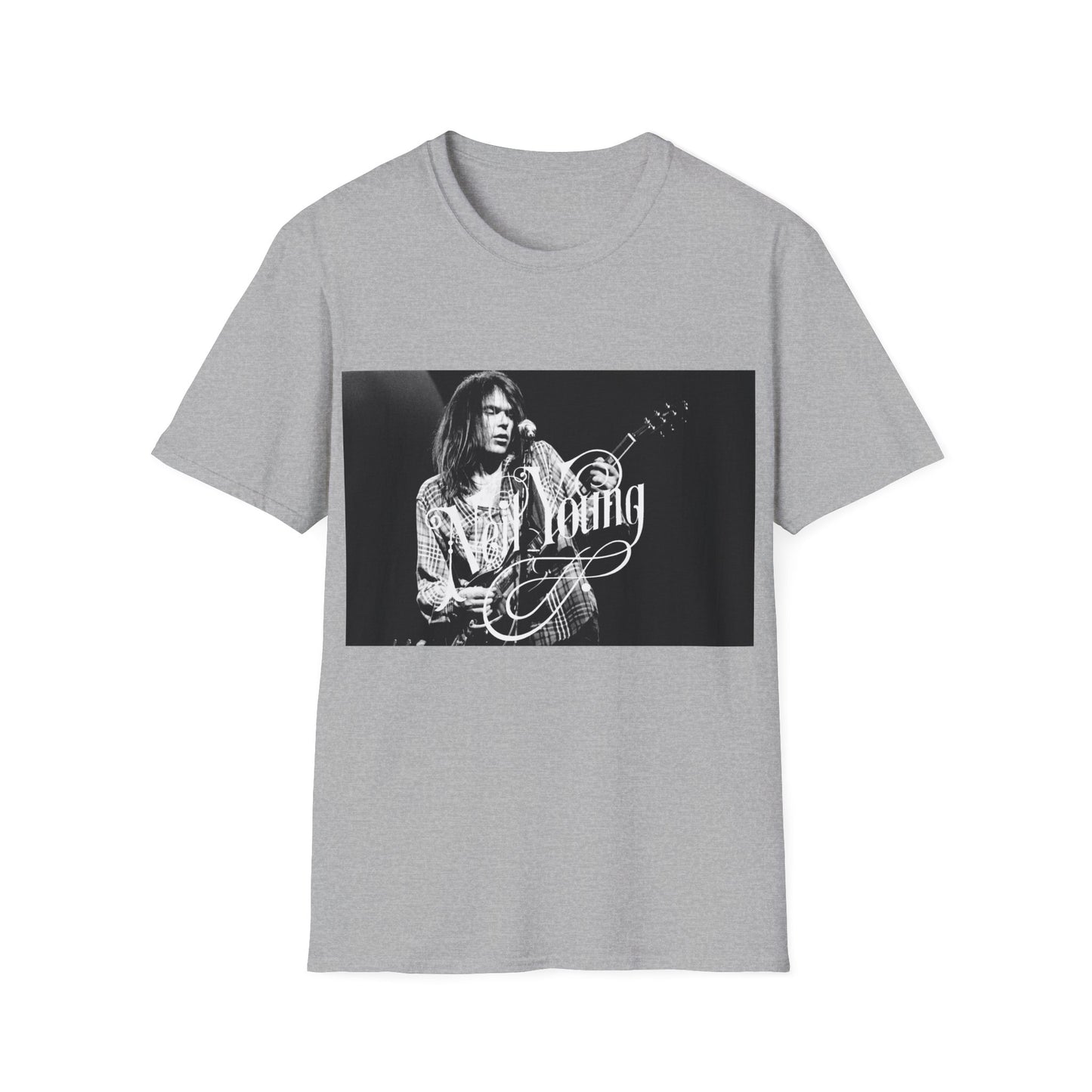 young neil young playing his electric guitar tshirt