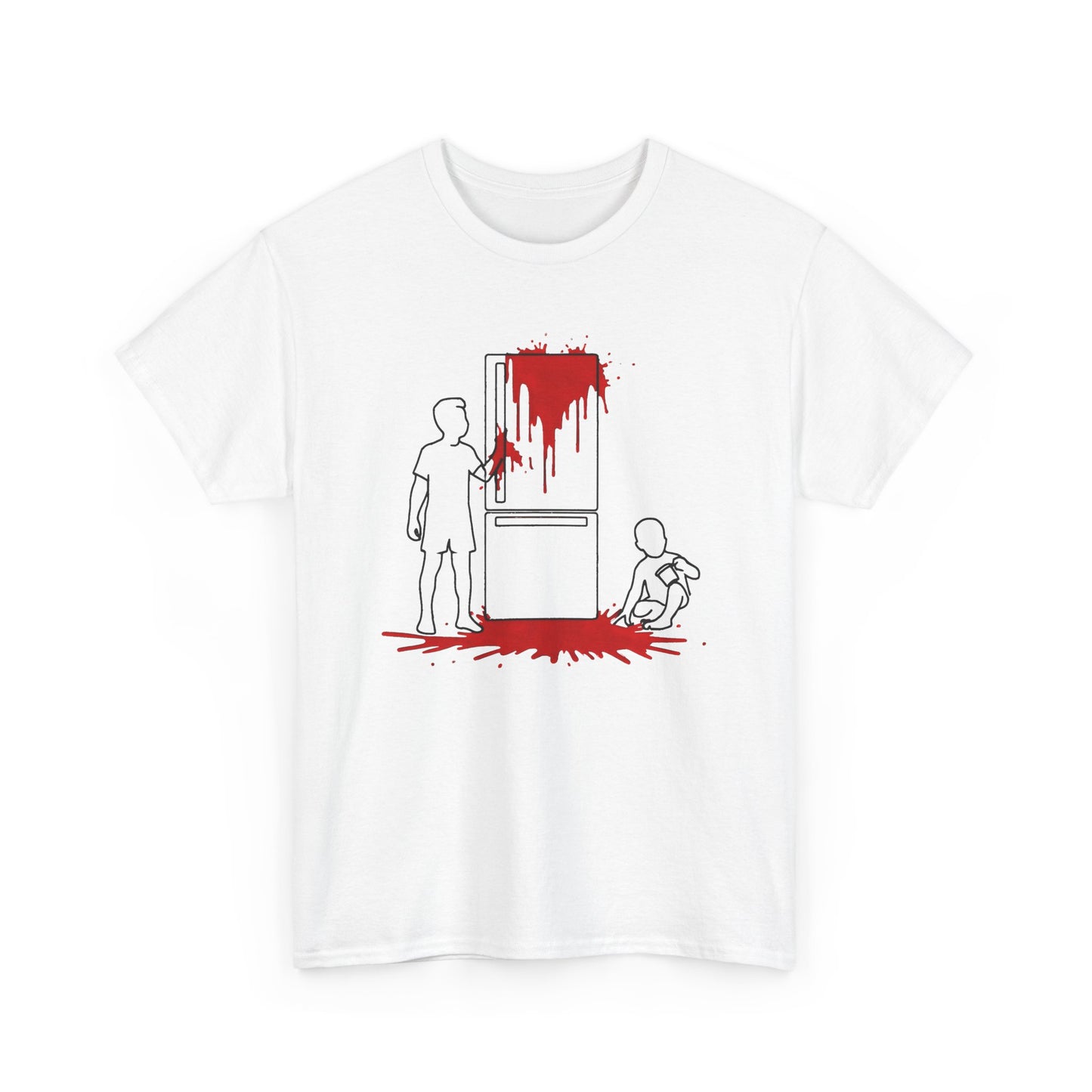 weird kitchen scene with ketchup on a fridge tshirt