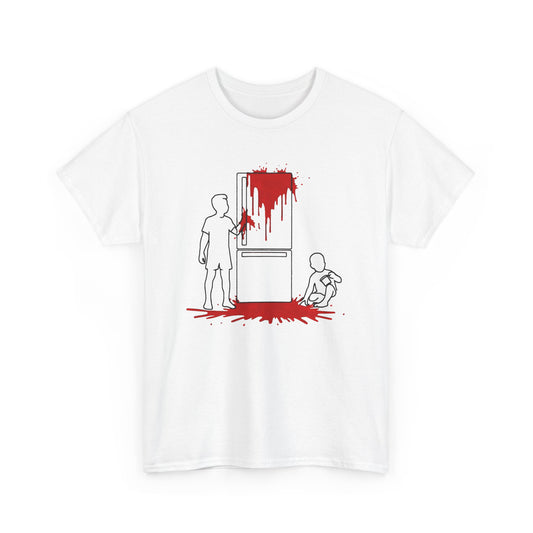 weird kitchen scene with ketchup on a fridge tshirt