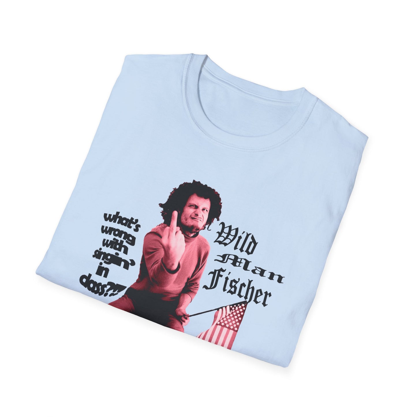 wild man fischer middle finger in red tshirt