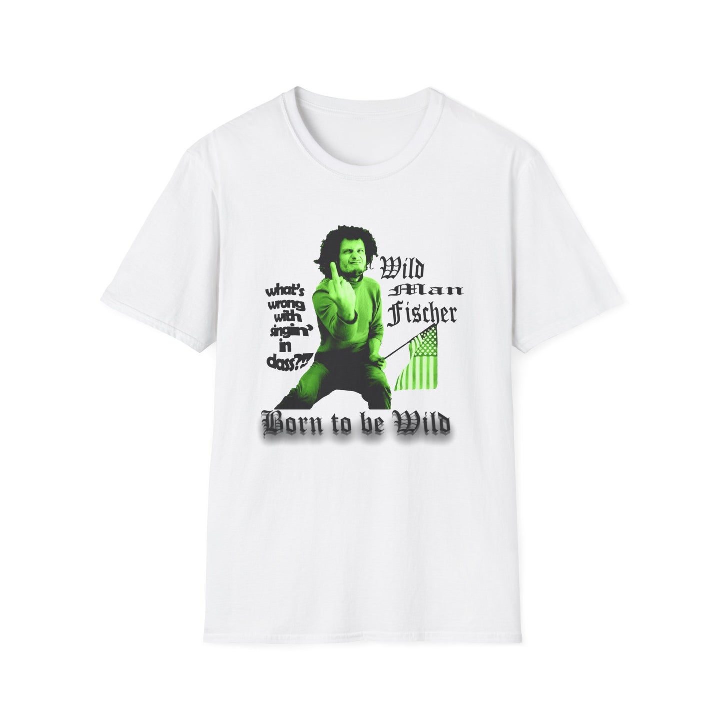 wild man fischer middle finger in green tshirt