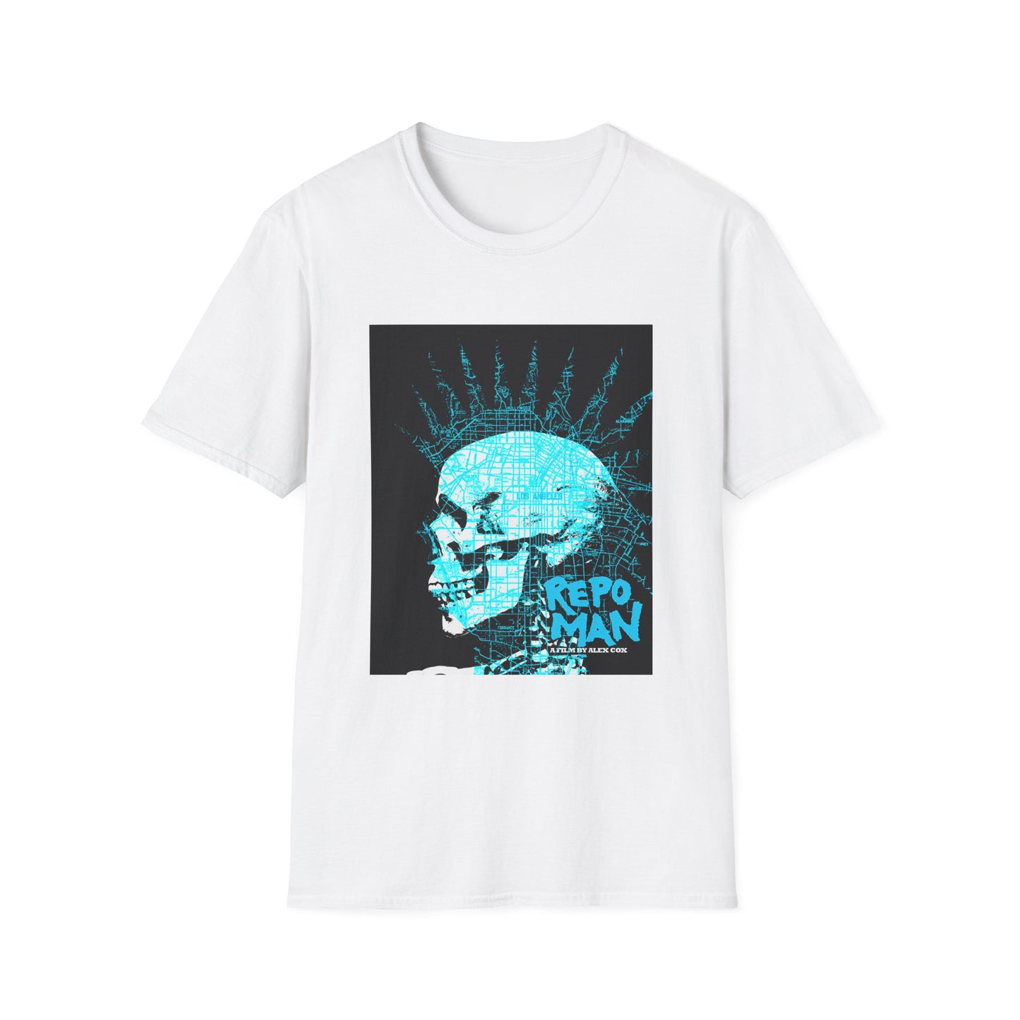 repo man skull punk in blue tshirt