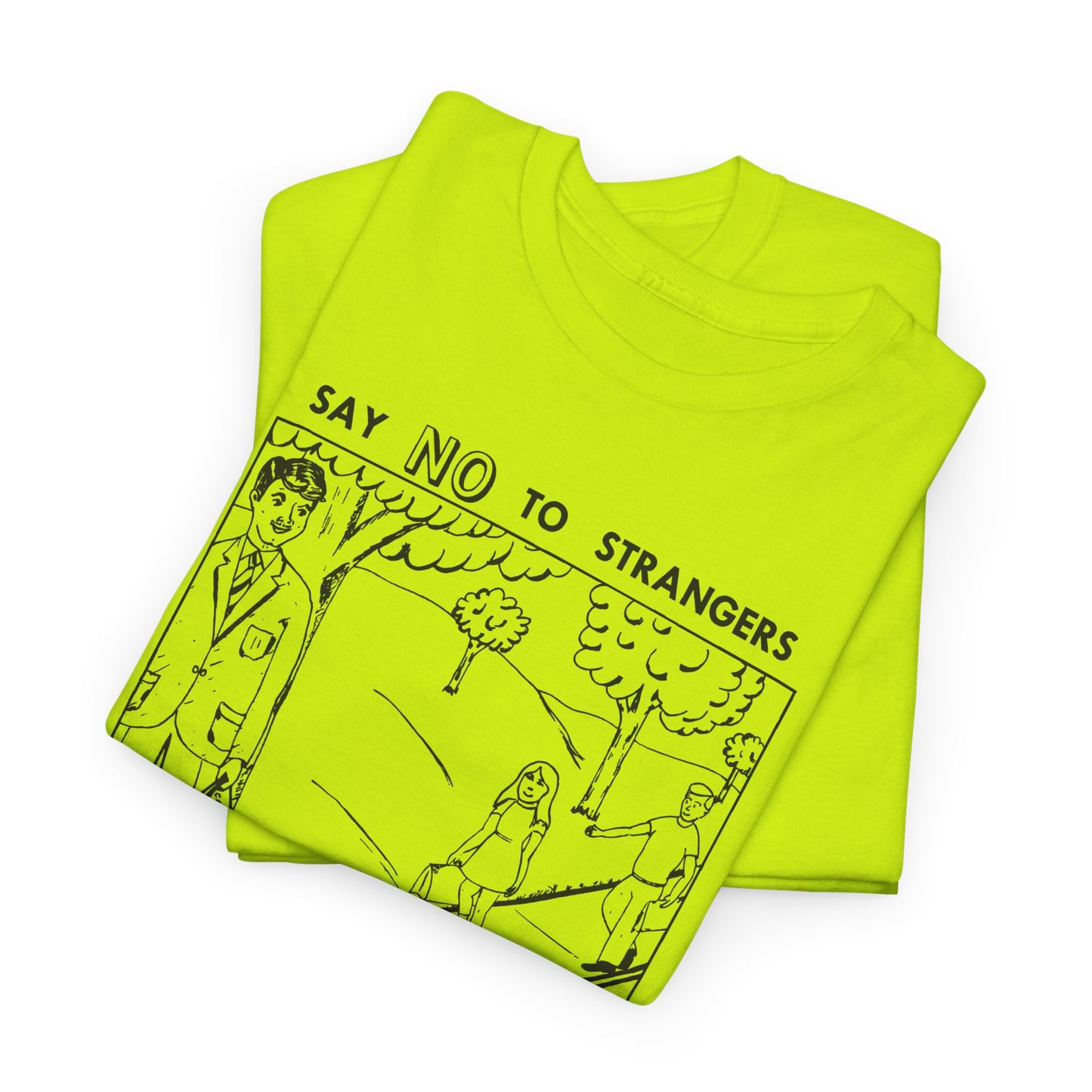 vintage block parents graphic say no to strangers reproduction tshirt