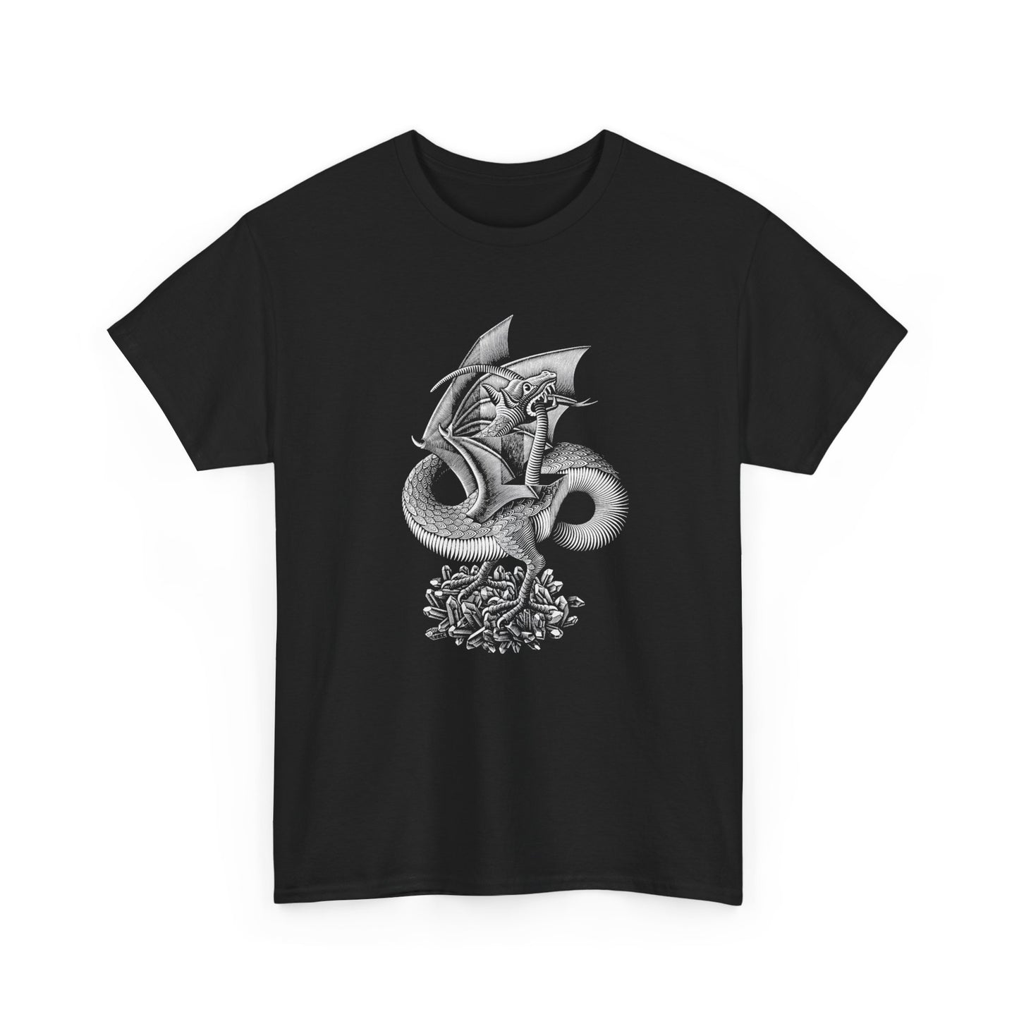 m.c escher 1952 woodcut dragon black and white reproduction tshirt