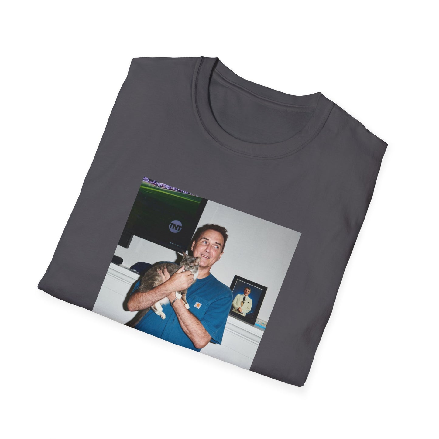norm macdonald and his cat in front of a framed picture of steve martin close up tshirt