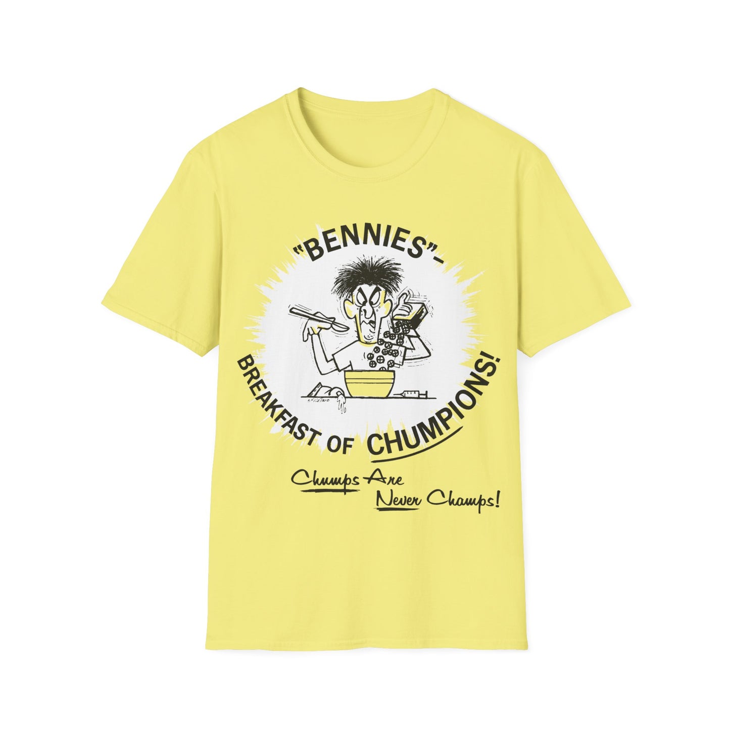 1960s/70s anti-drug poster tshirt "bennies - breakfast of chumpions! chumps are never champs!" by smartset smarteen s.o.s tshirt