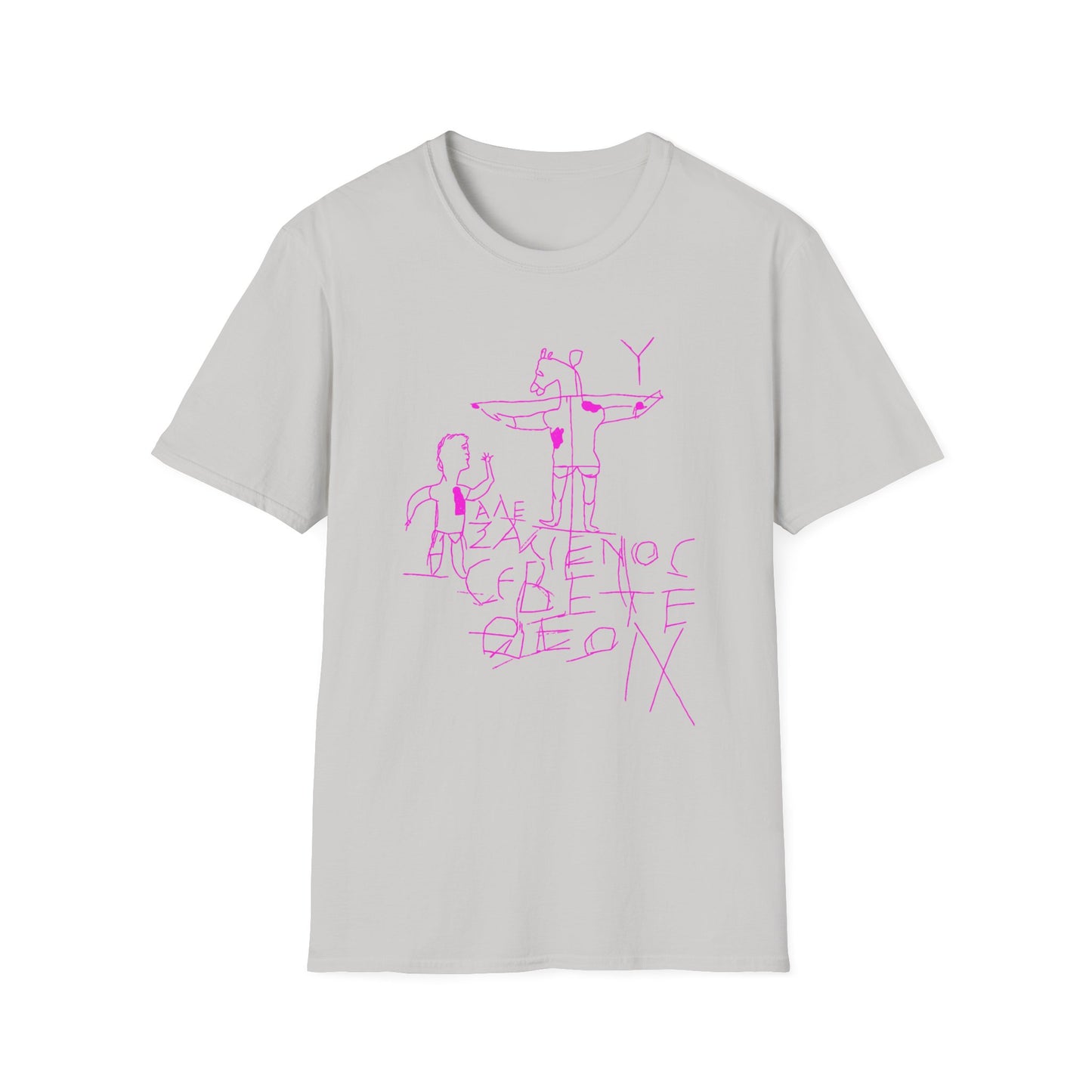 alexamenos graffito blasphemous young man worships donkey early graffiti 200 BC in pink tshirt