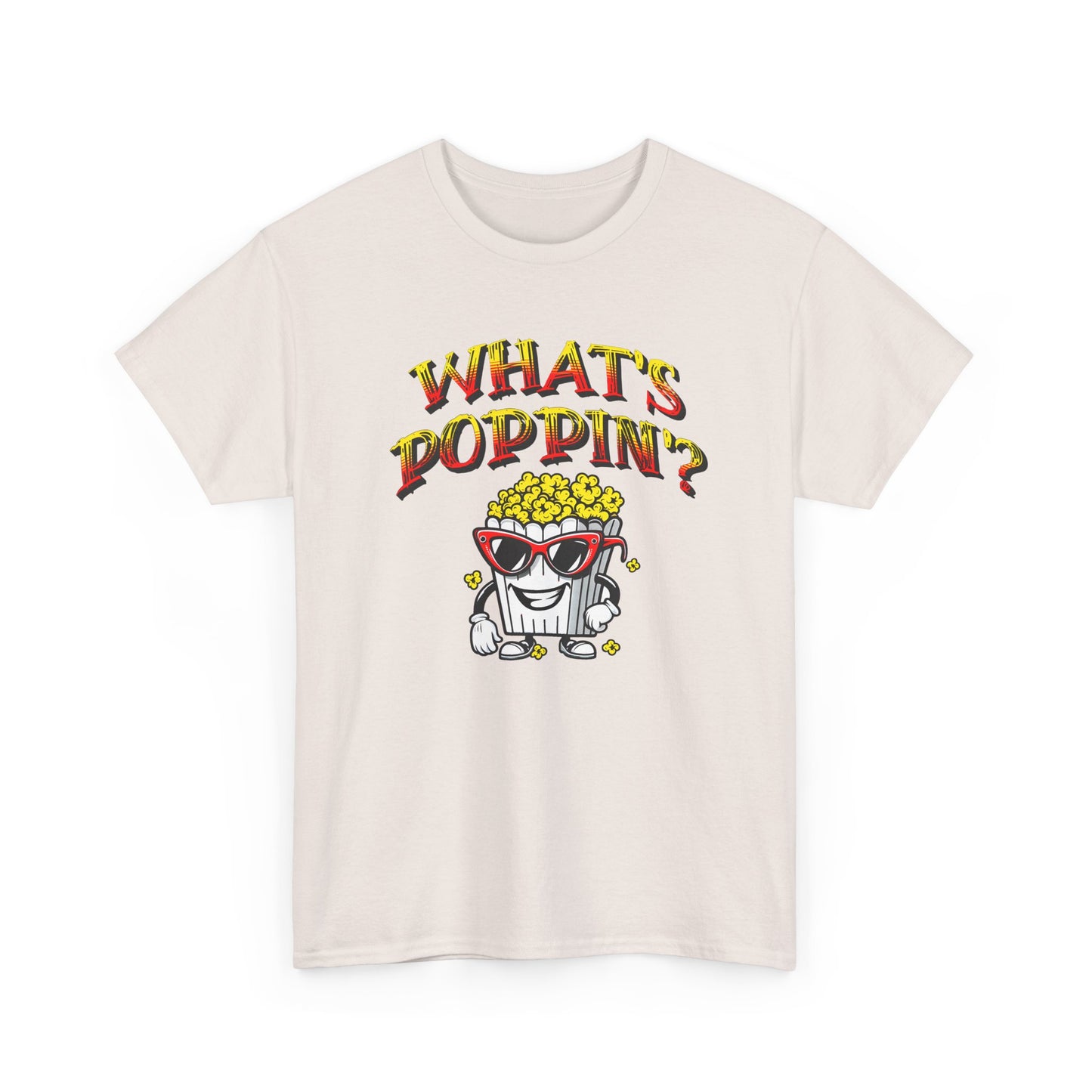 what's poppin' cool popcorn bag guy tshirt