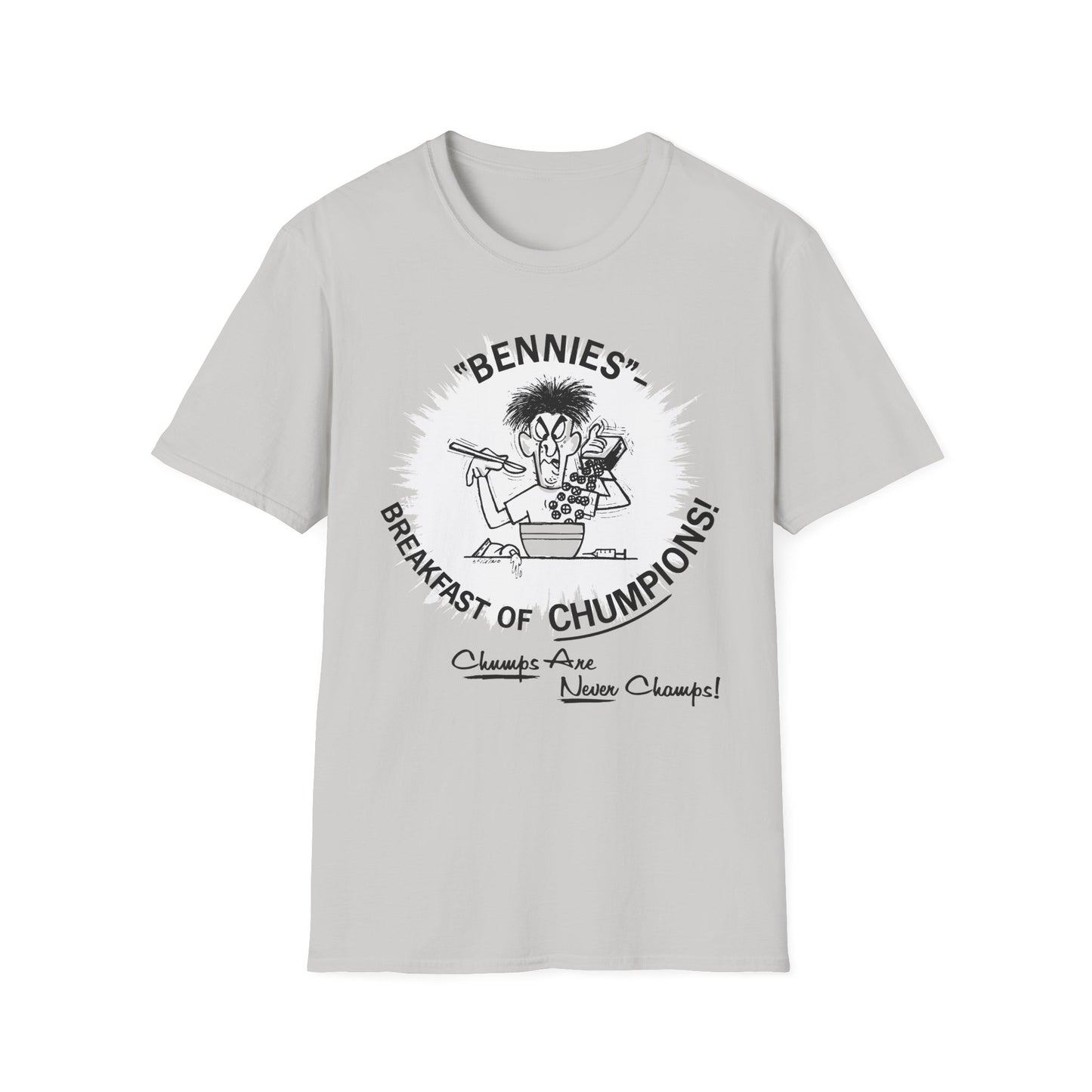 1960s/70s anti-drug poster tshirt "bennies - breakfast of chumpions! chumps are never champs!" by smartset smarteen s.o.s tshirt