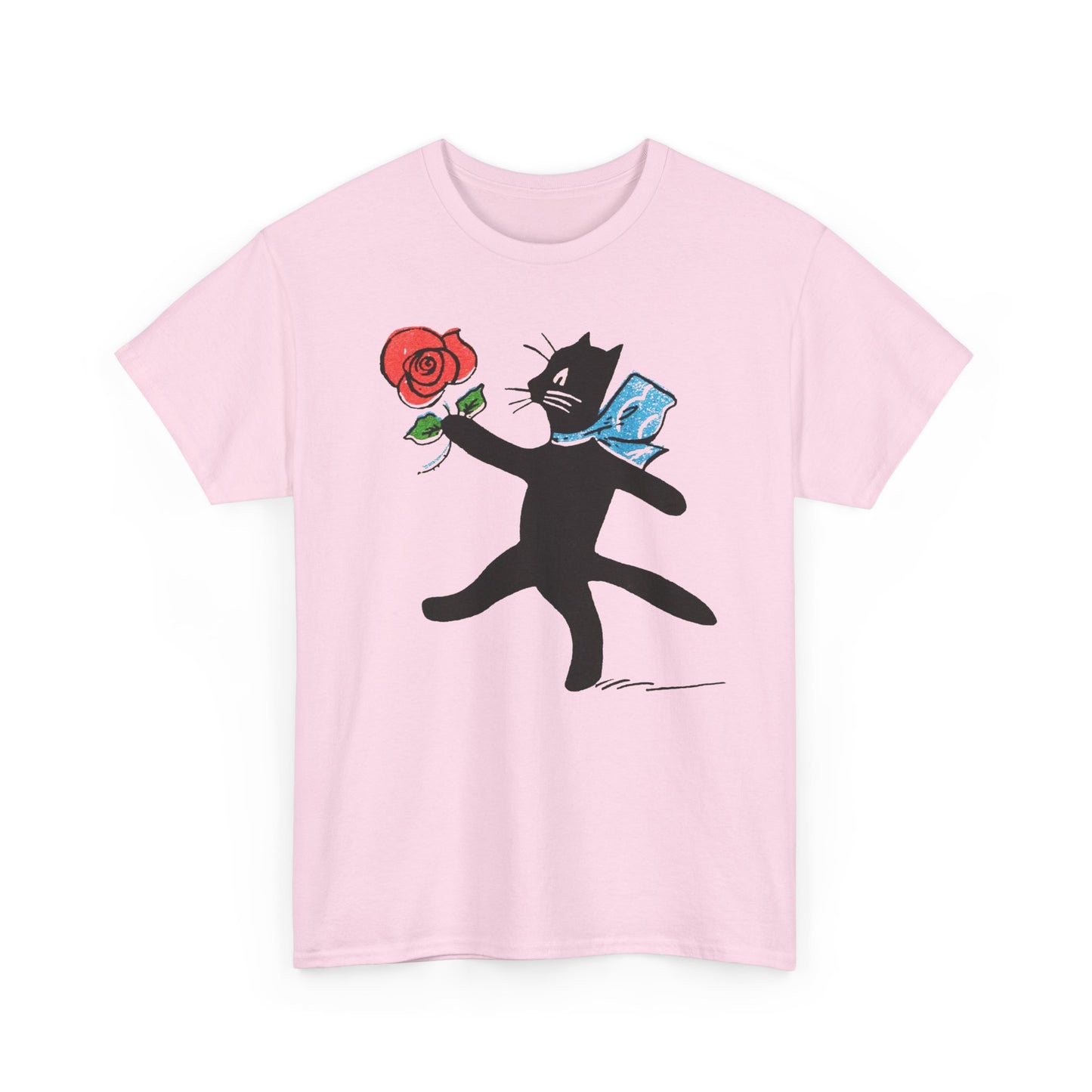 early 1900s french illustration of black cat with flower reproduction tshirt