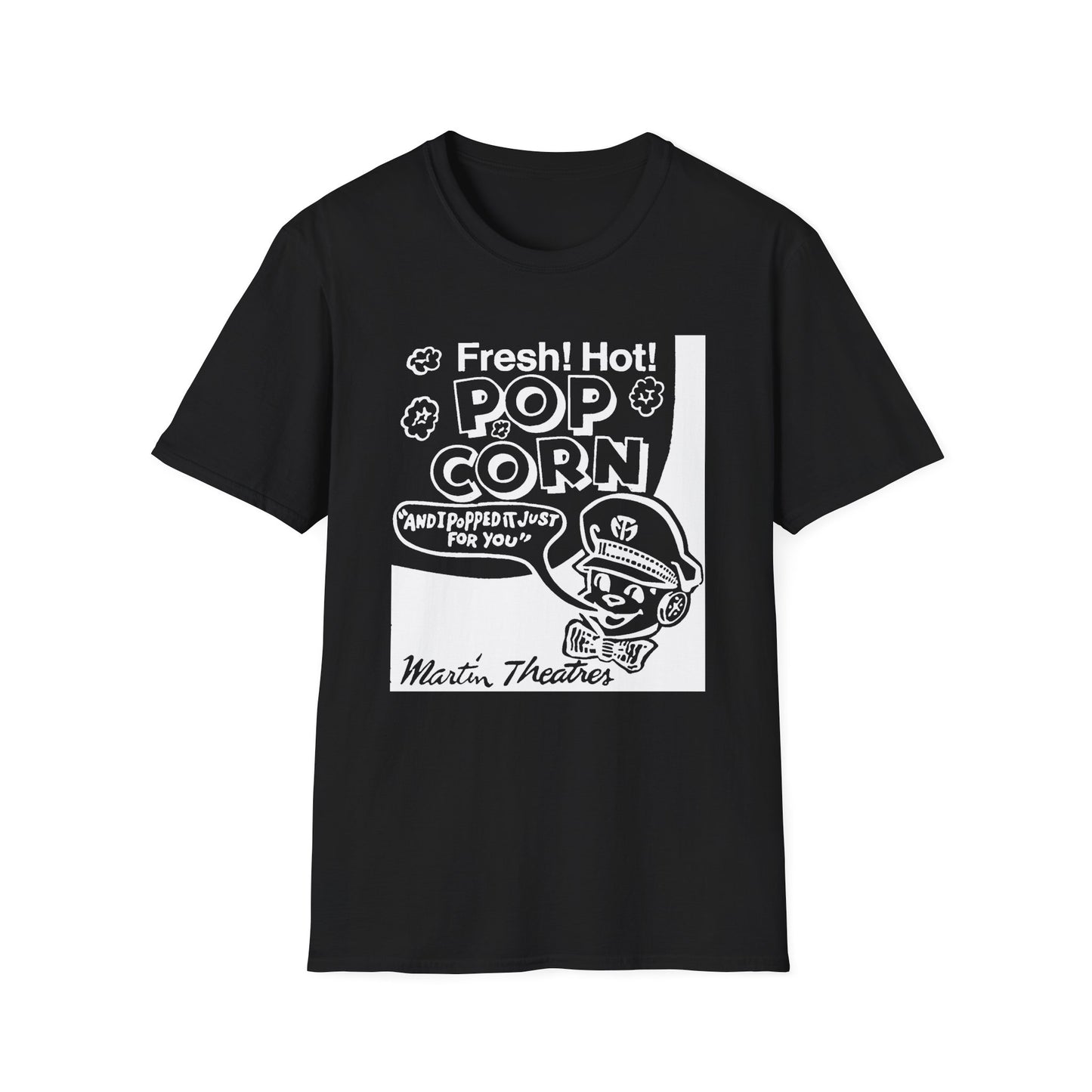 1940s popcorn box logo for martin theatres with a cute little popcorn mascot tshirt