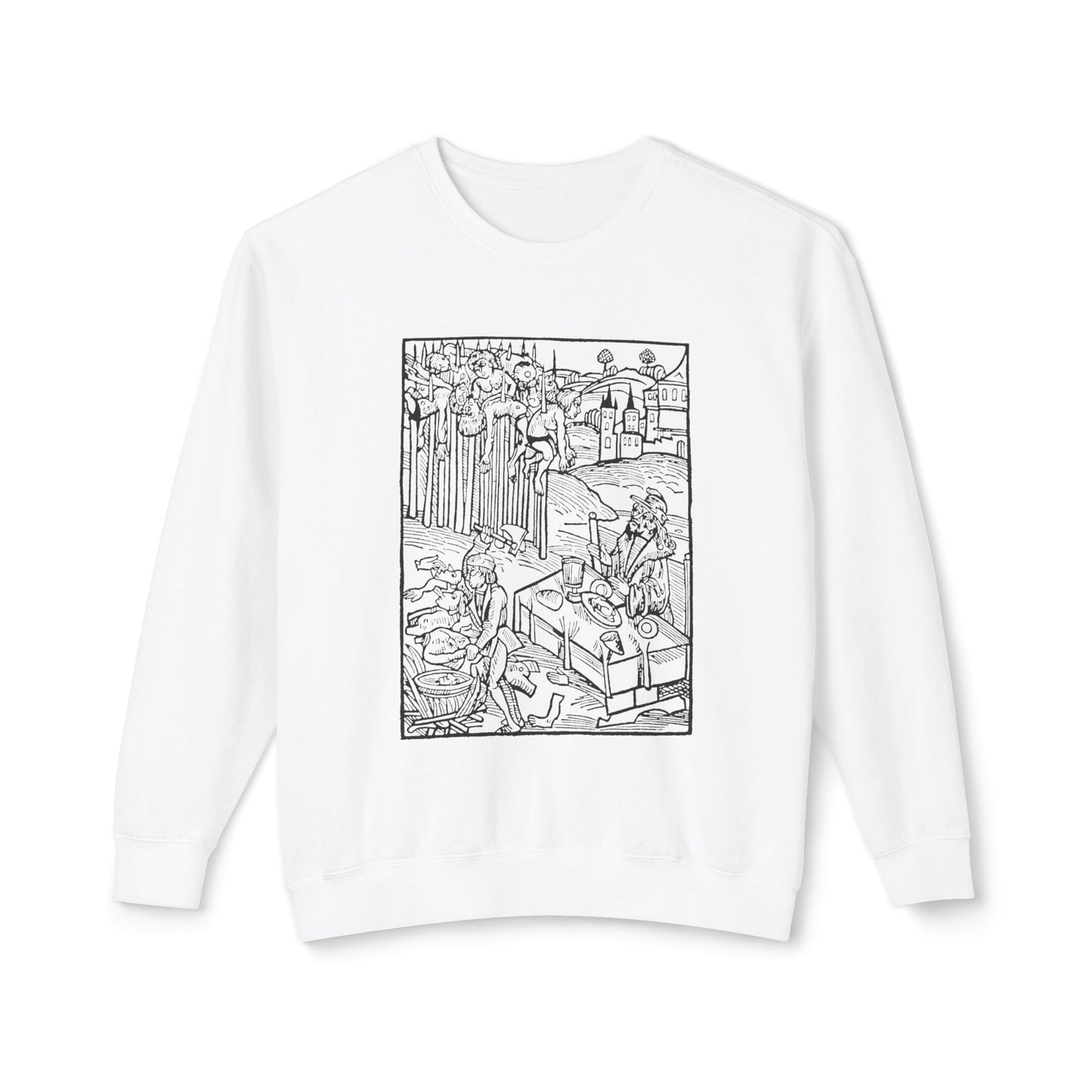 vlad the impaler dining near the mutilated bodies of his victims 1499 german woodcut by ambrosius huber 100% cotton sweatshirt