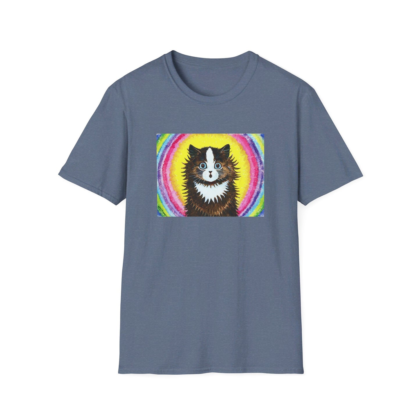 louis wain cat in a rainbow watercolour and gouache on paper reproduction tshirt