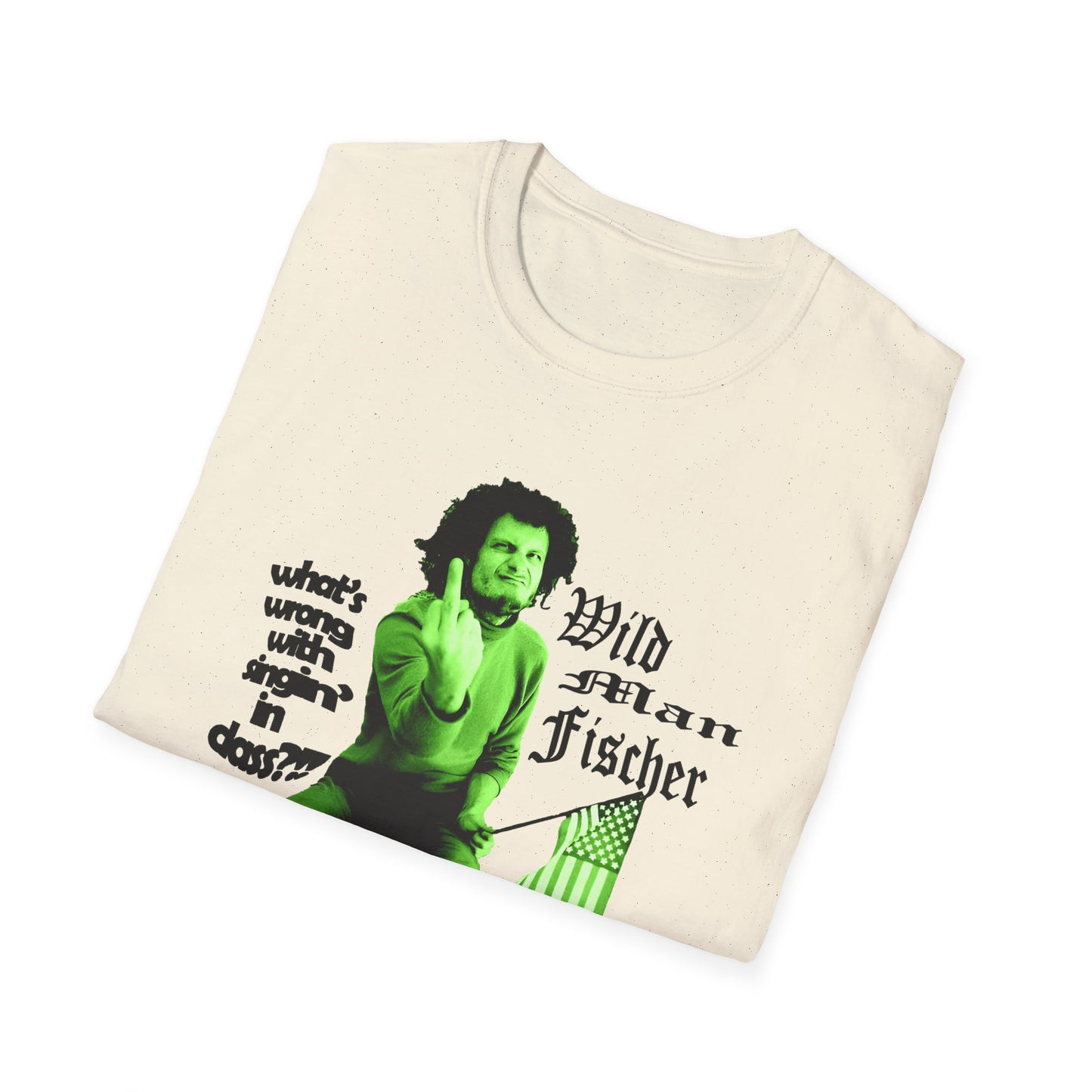 wild man fischer middle finger in green tshirt