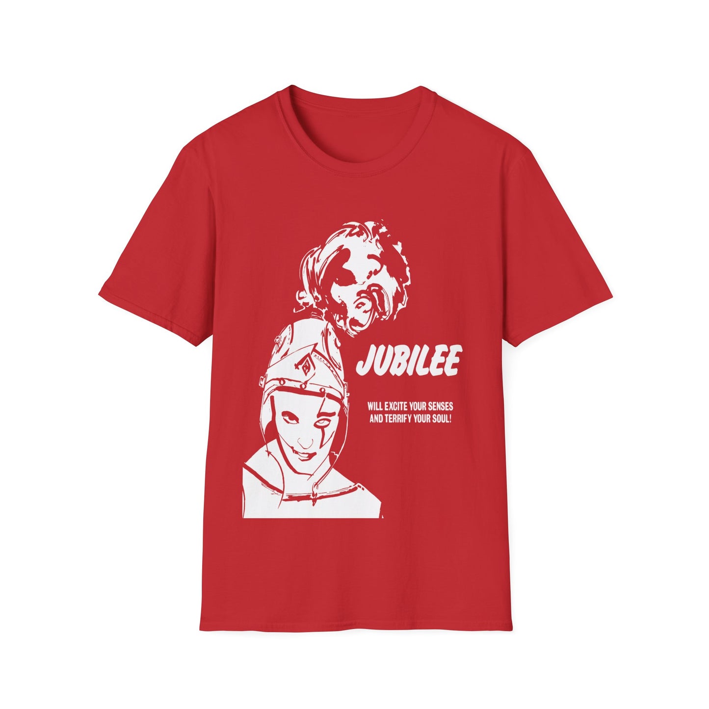 1978 british cult film "jubilee" movie poster tshirt, unisex softstyle, "jubilee will excite your senses and terrify your soul"