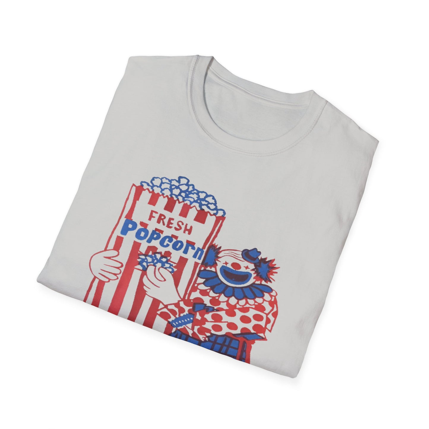 1960s popcorn box logo with a clown mascot tshirt