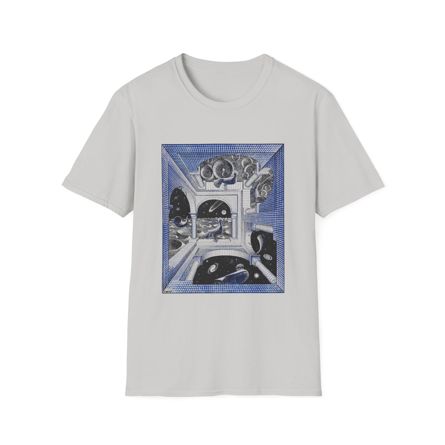 1947 m.c escher another world in blue tshirt
