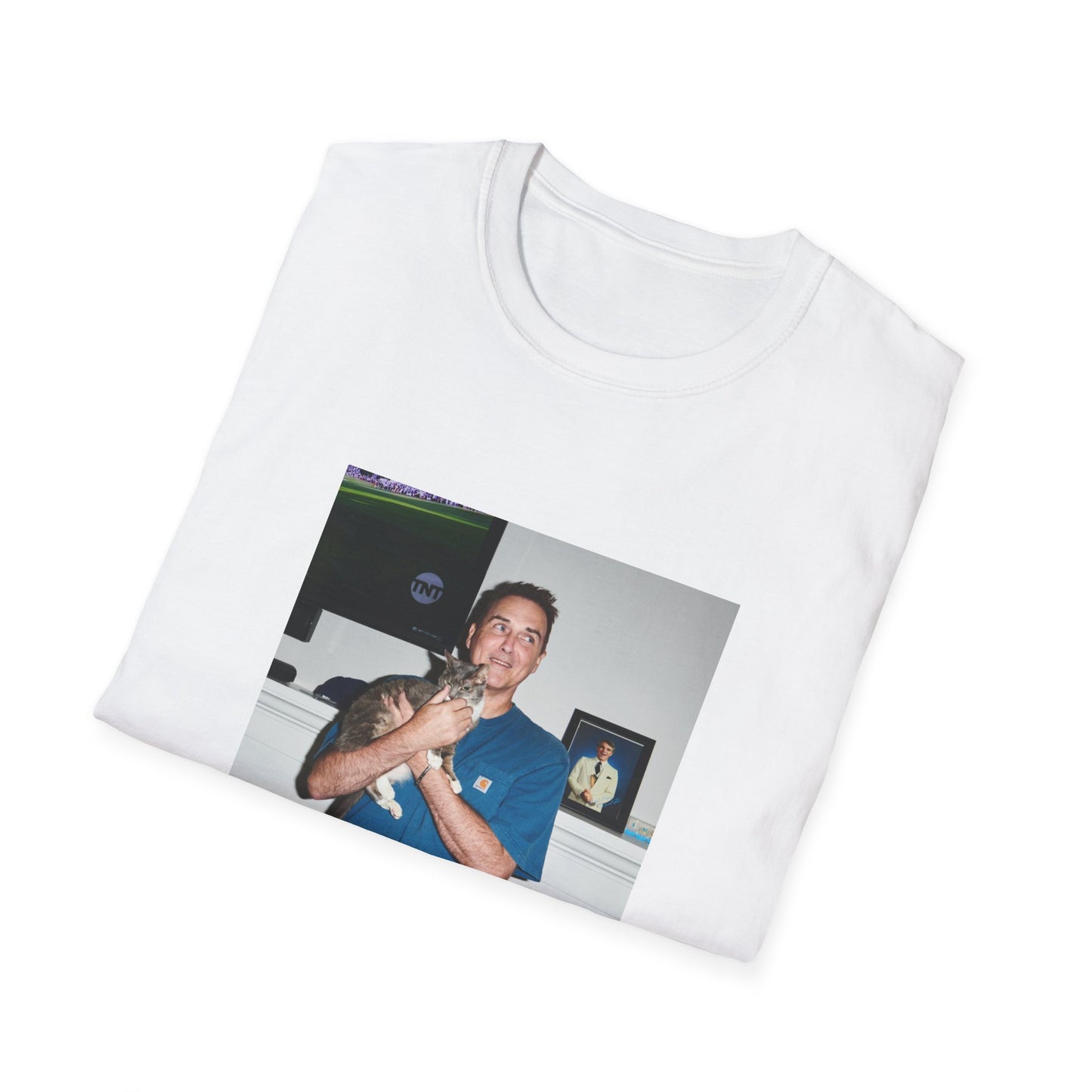 norm macdonald and his cat in front of a framed picture of steve martin close up tshirt