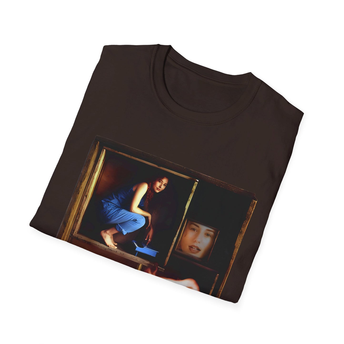 tori amos on a shelf in a crate playing a small piano surrounded by other amos's on a tshirt