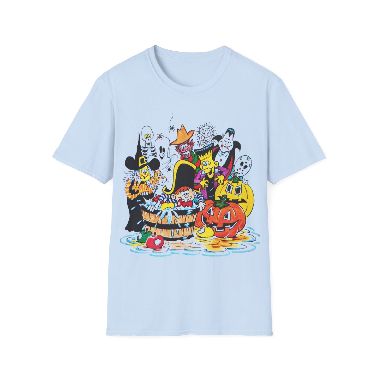 adorable cartoon witches, skeletons, jasons, freddys, and pumpkins halloween tshirt