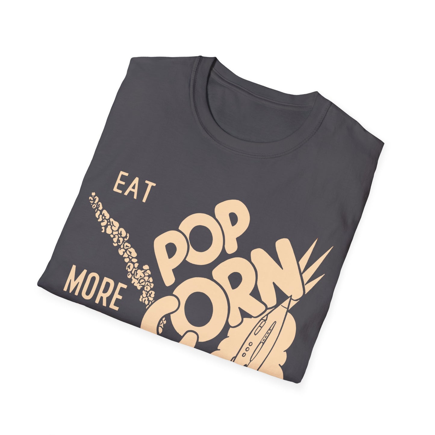 1950s popcorn box logo "eat popcorn more and more and more out of this world!" tshirt