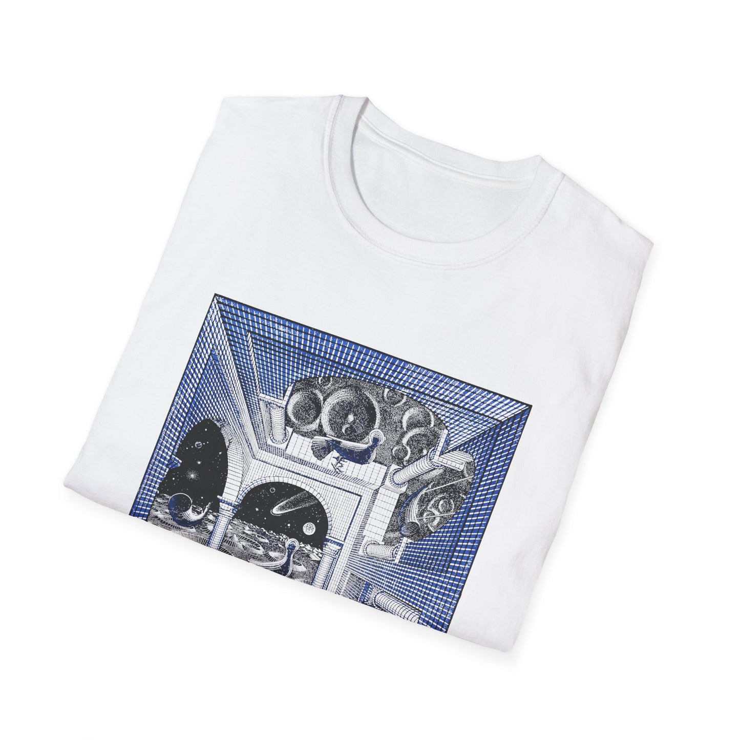 1947 m.c escher another world in blue tshirt