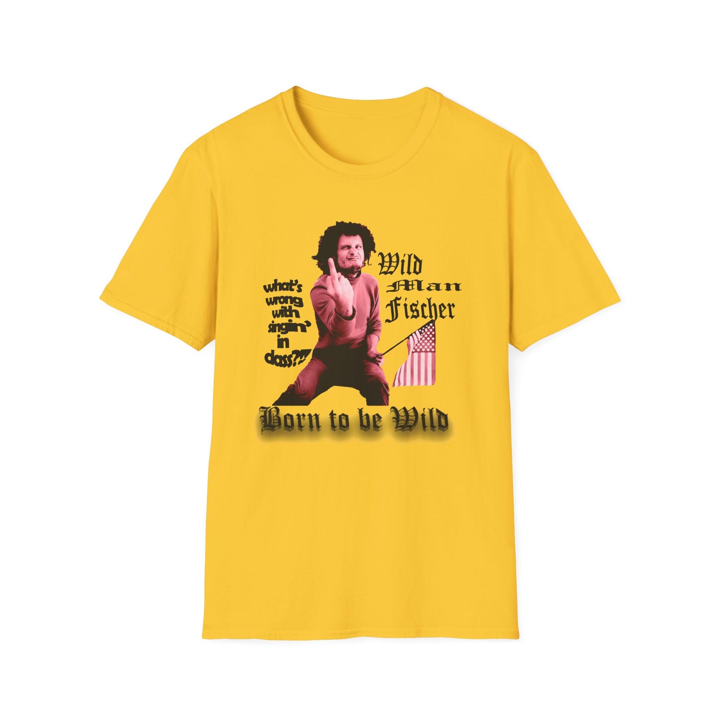 wild man fischer middle finger in red tshirt