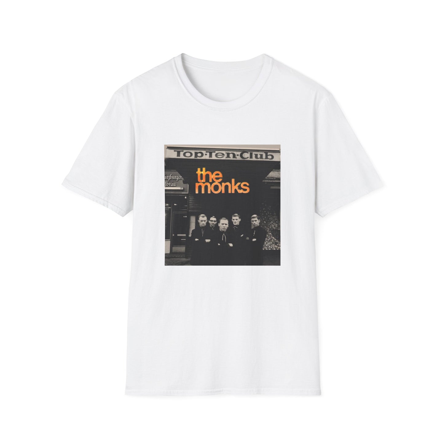 1960s experimental rock n roll band the monks in front of the top ten club tshirt