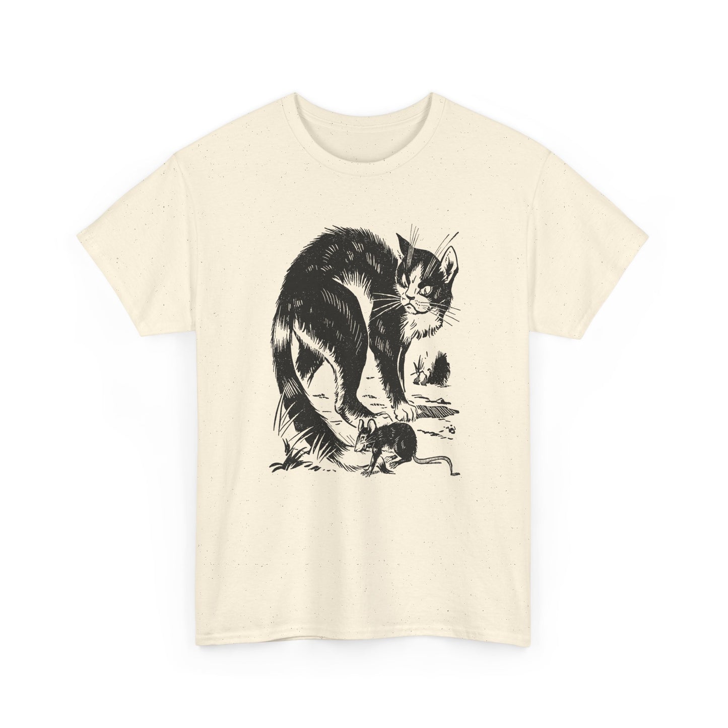 vintage french children's book illustration of angry cat and happy mouse reproduction tshirt