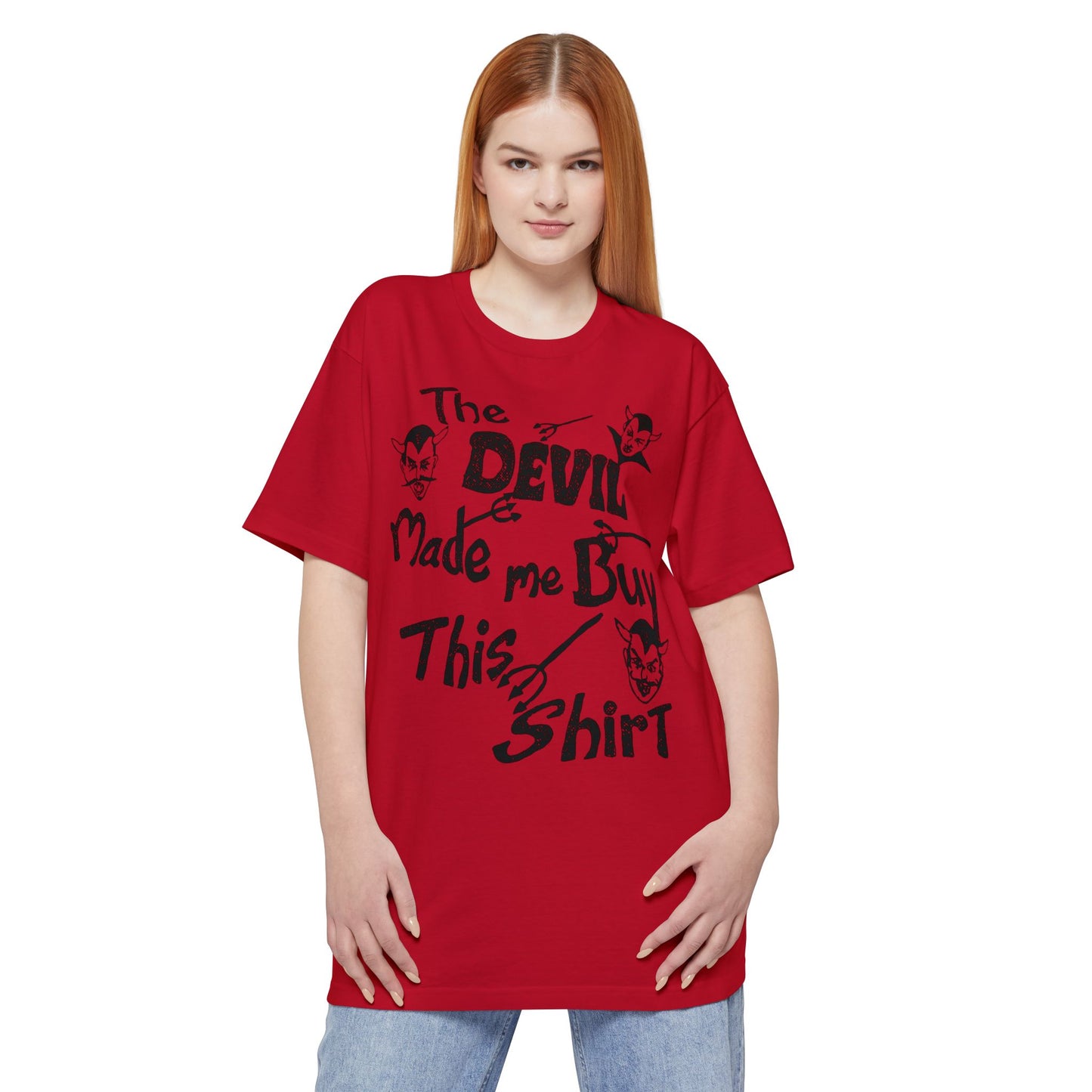 oversized vintage the devil made me buy this shirt custom drawn reproduction unisex tall beefy tshirt