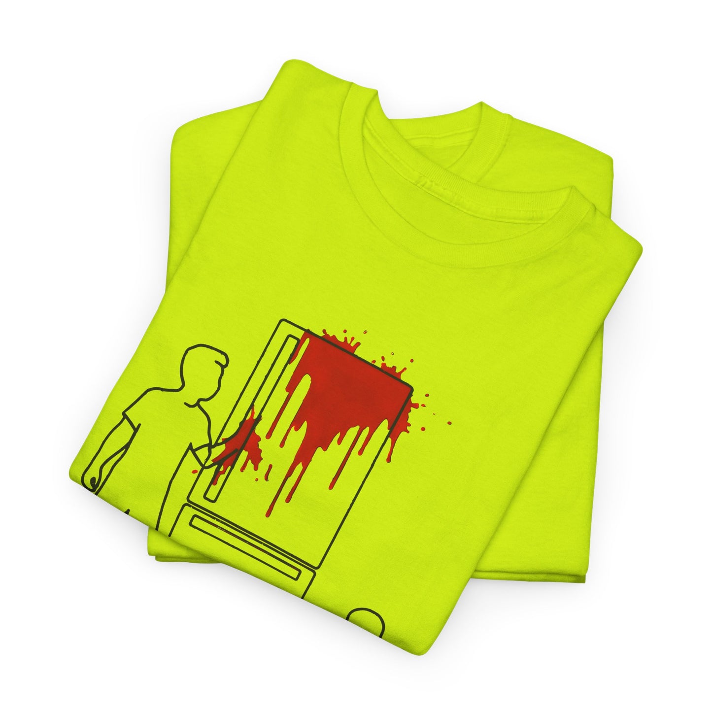 weird kitchen scene with ketchup on a fridge tshirt