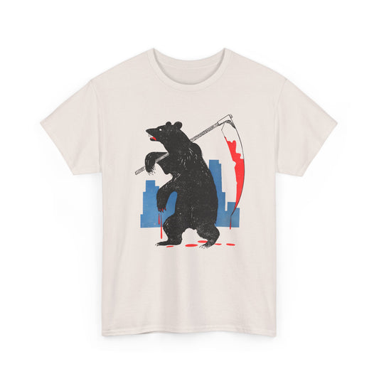 mid century manolo prieto bear with scythe book cover tshirt